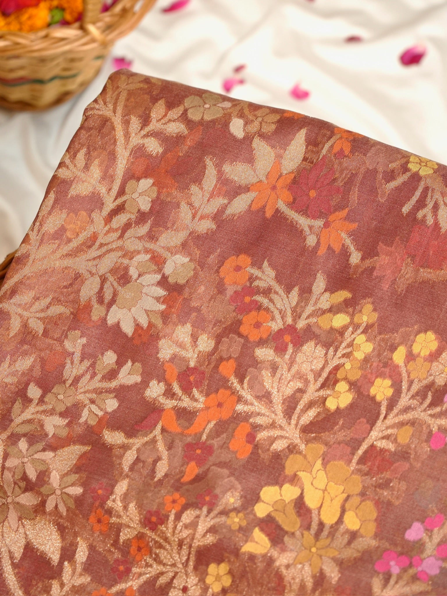 Brown Elegant Kora Jamdani Silk Saree | Handwoven Floral Zari Work