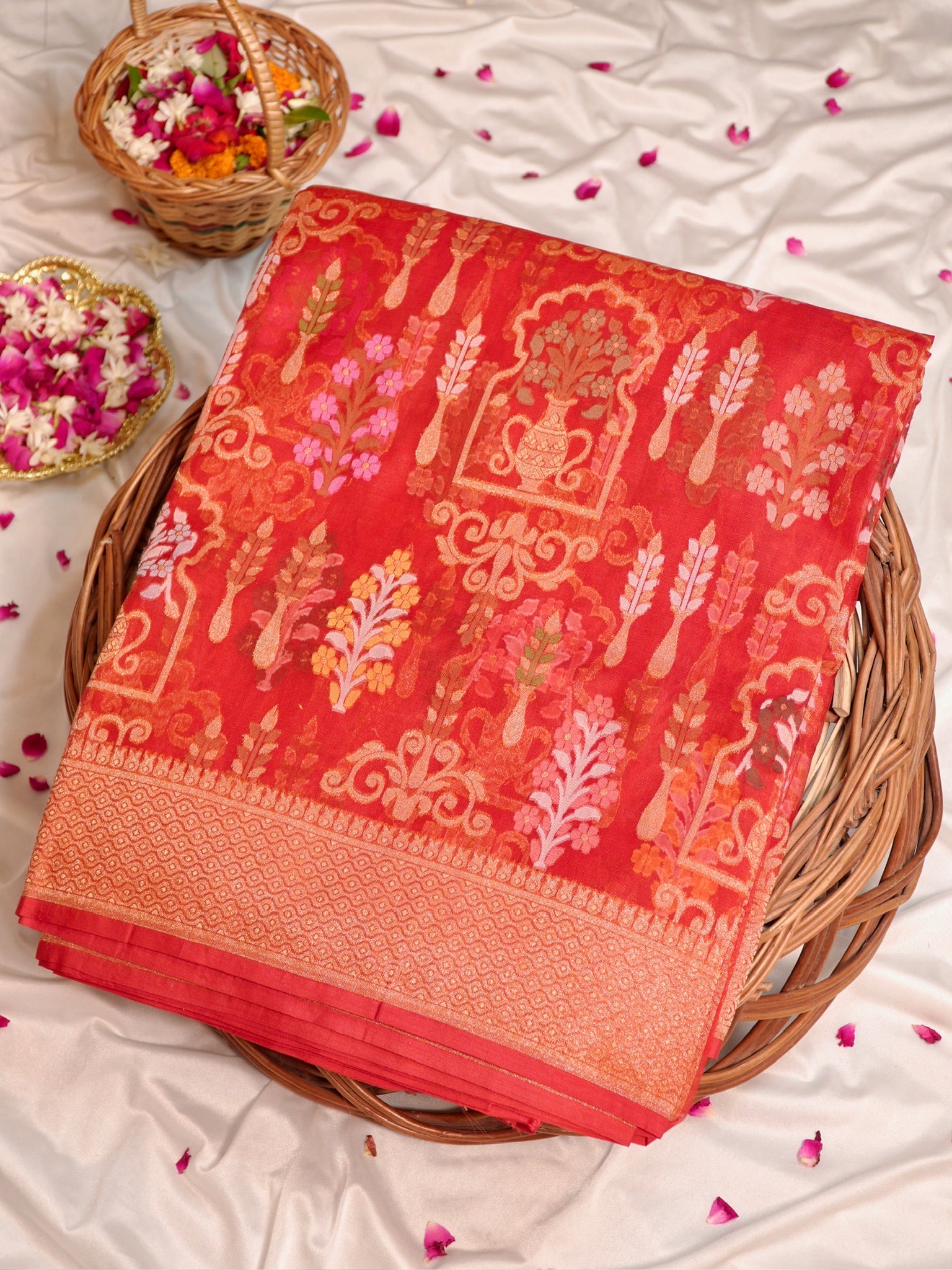 Rust Orange Elegant Kora Jamdani Silk Saree | Handwoven Floral Zari Work