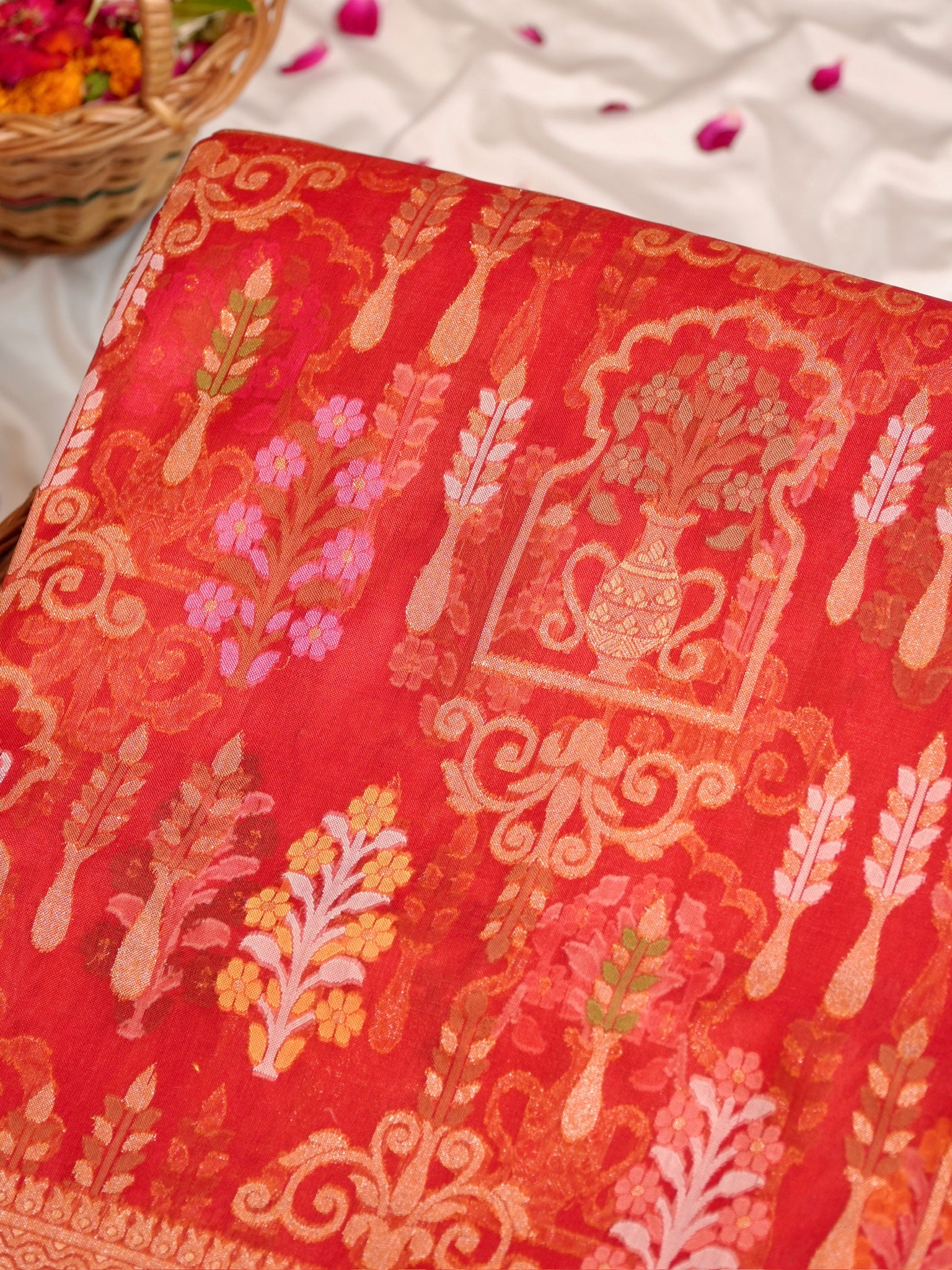 Rust Orange Elegant Kora Jamdani Silk Saree | Handwoven Floral Zari Work