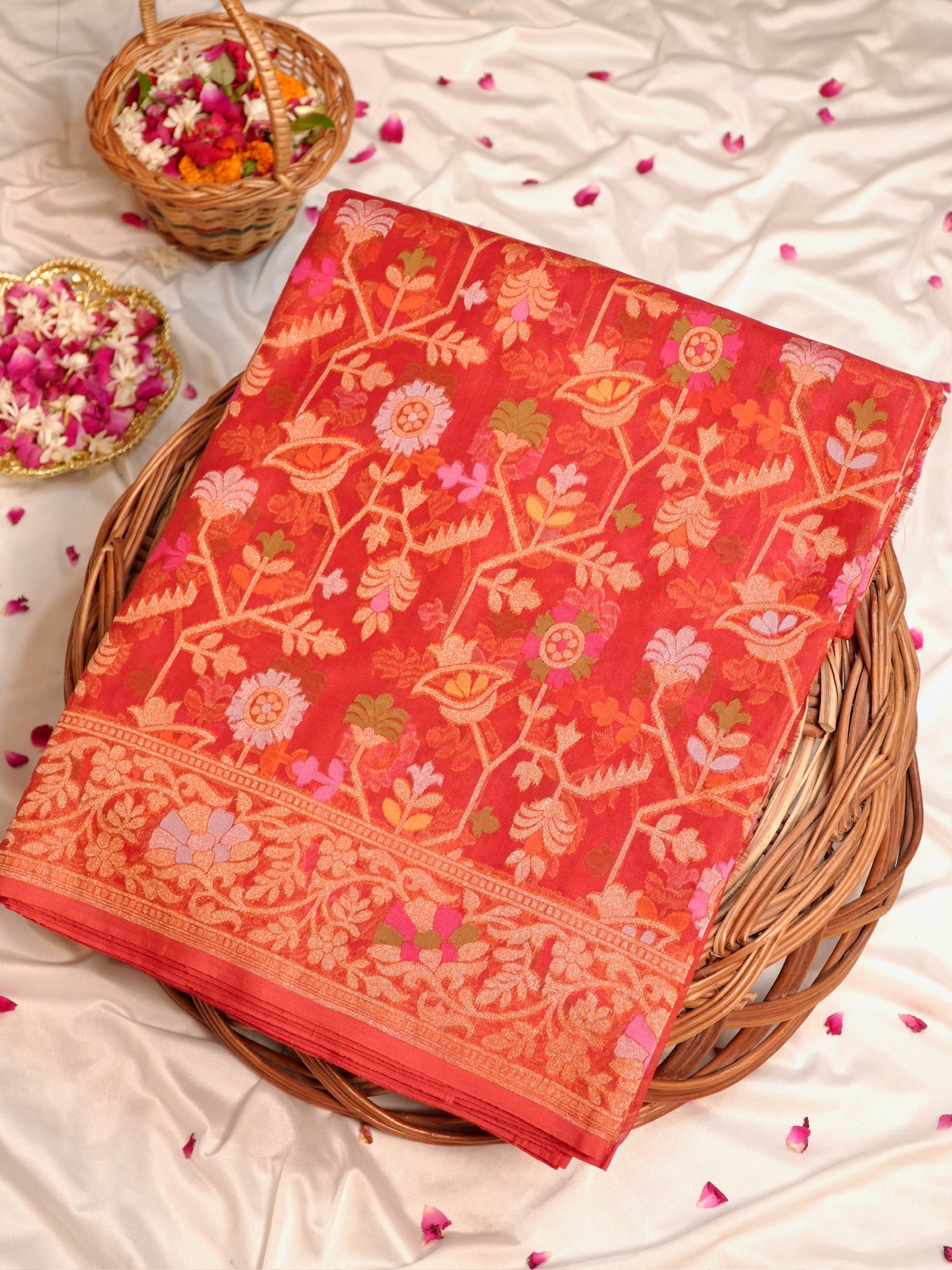 Rust Orange Elegant Kora Jamdani Silk Saree | Handwoven Floral Zari Work