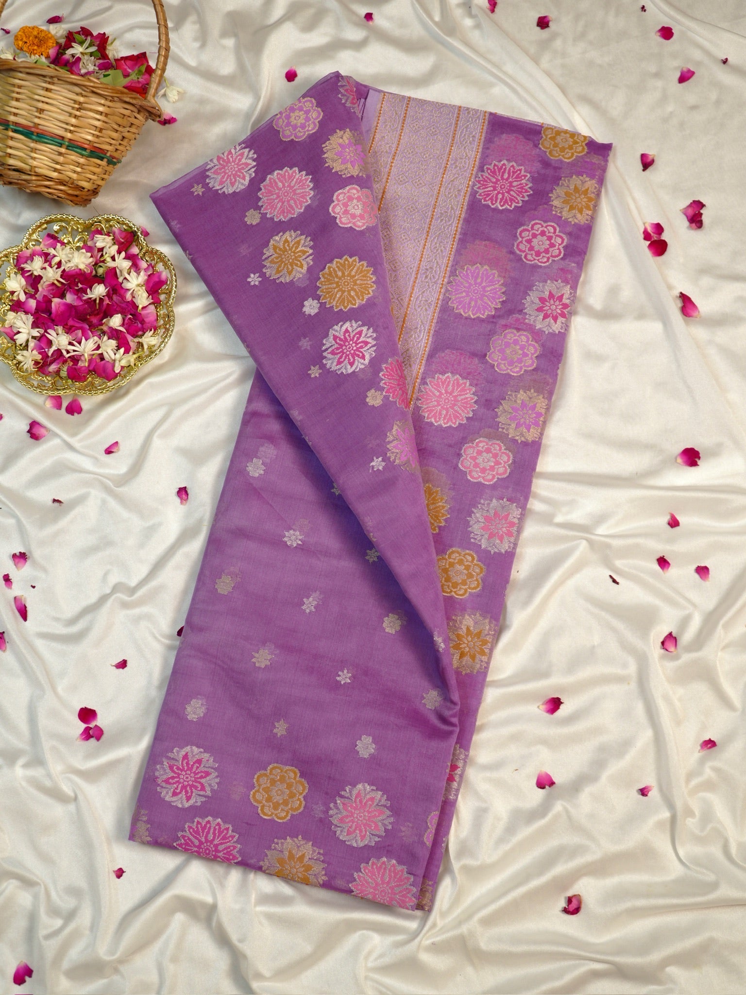 Lavender Handwoven Organza Silk Saree with Floral Zari Borders