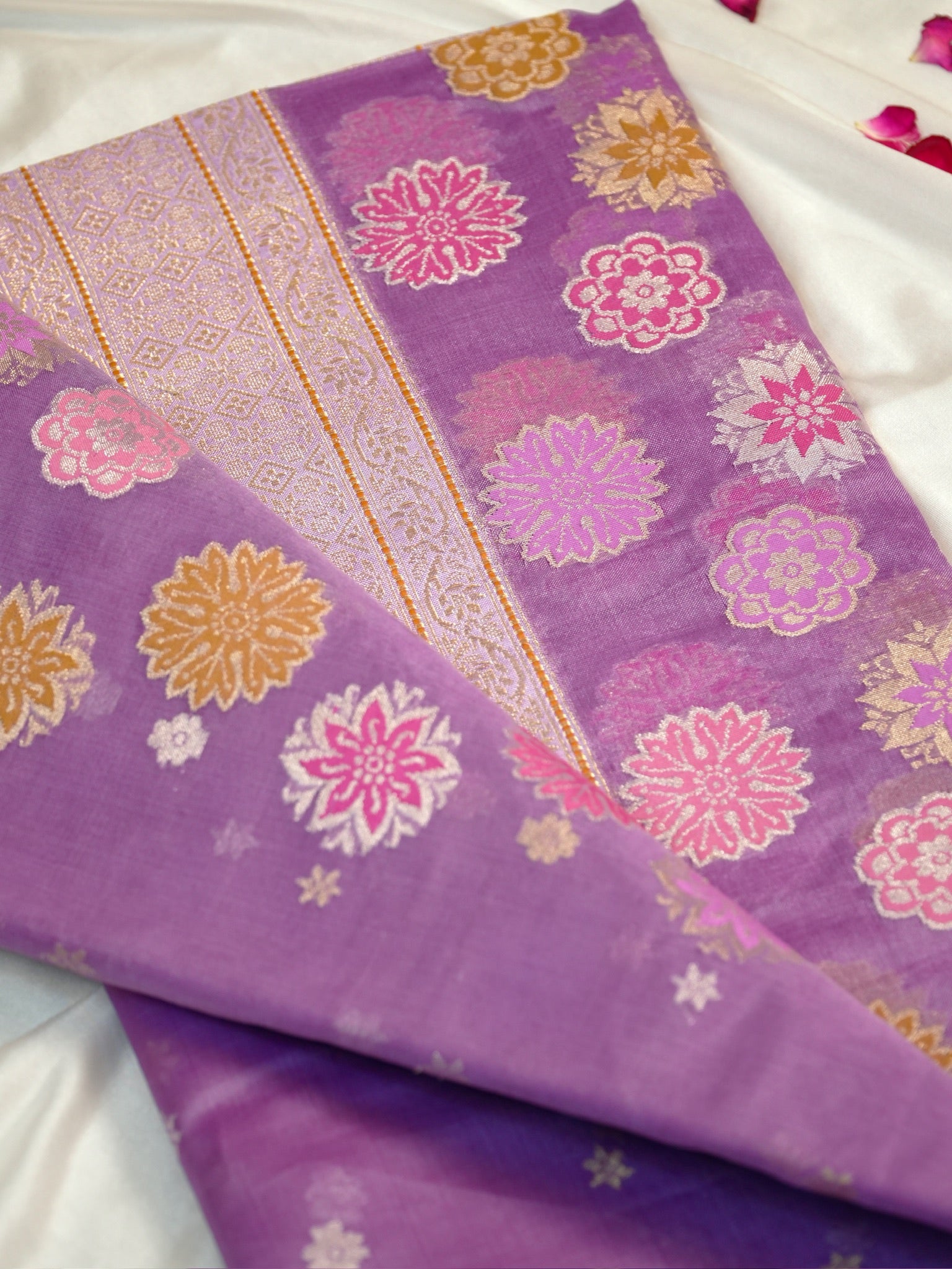 Lavender Handwoven Organza Silk Saree with Floral Zari Borders