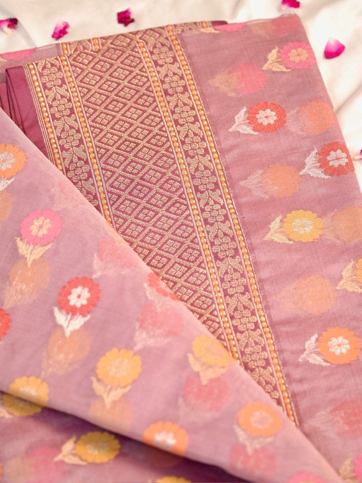 Dusty Rose Handwoven Organza Silk Saree with Floral Zari Borders