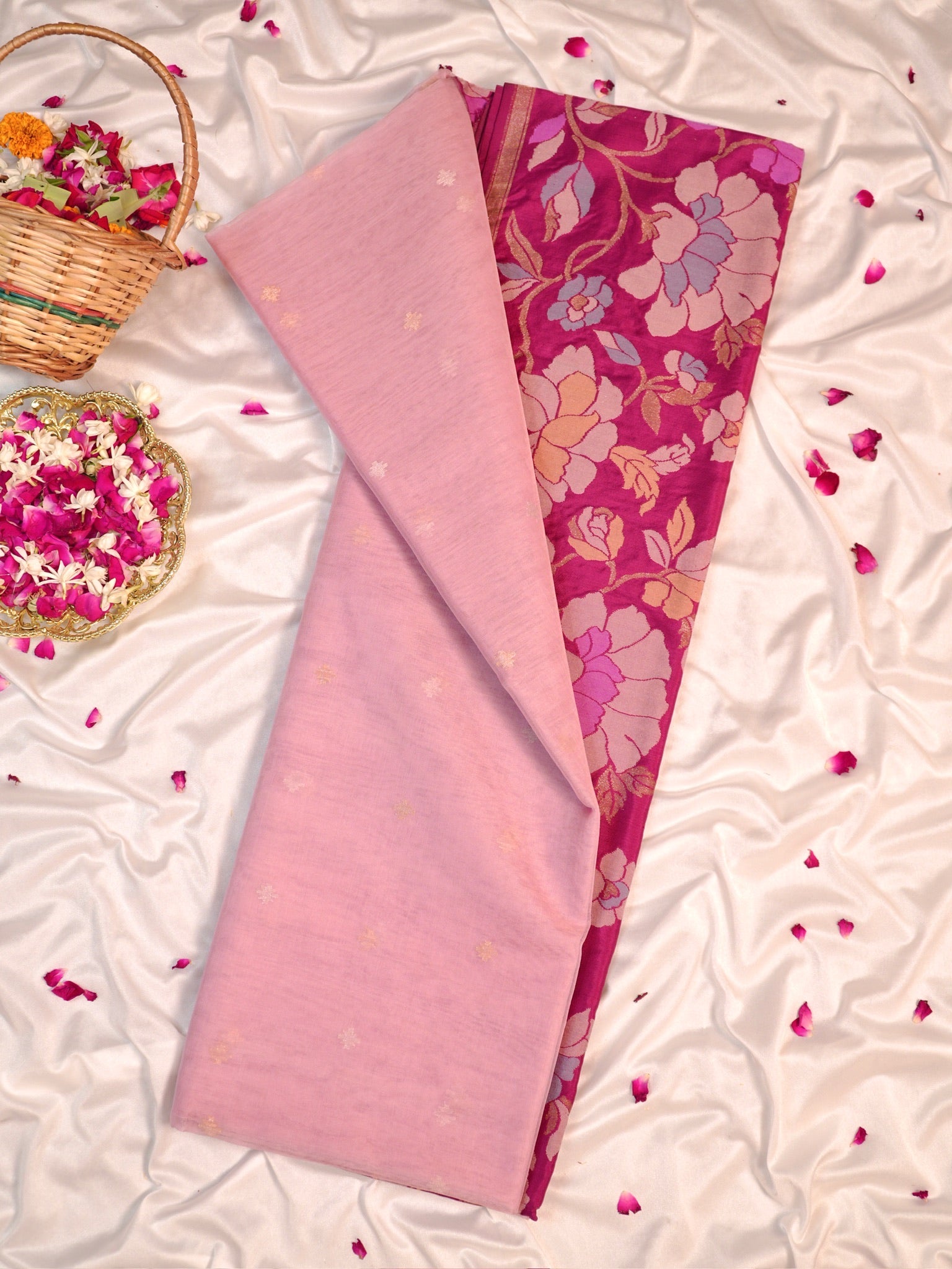 Blush Pink Handwoven Organza Silk Saree with Floral Zari Borders