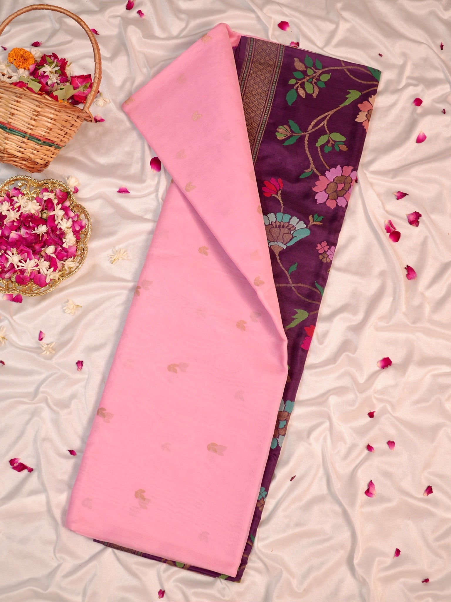 Baby Pink Handwoven Organza Silk Saree with Floral Zari Borders
