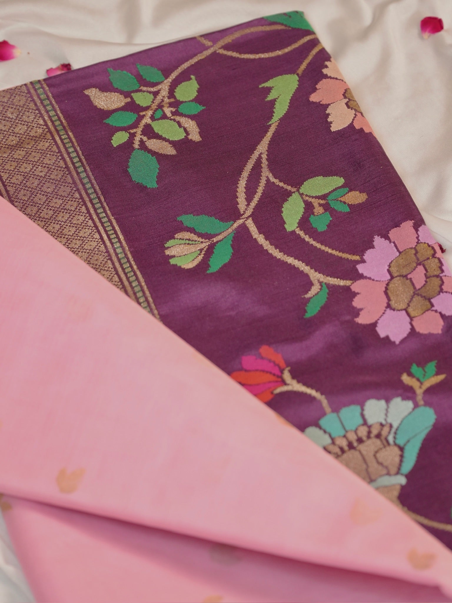 Baby Pink Handwoven Organza Silk Saree with Floral Zari Borders