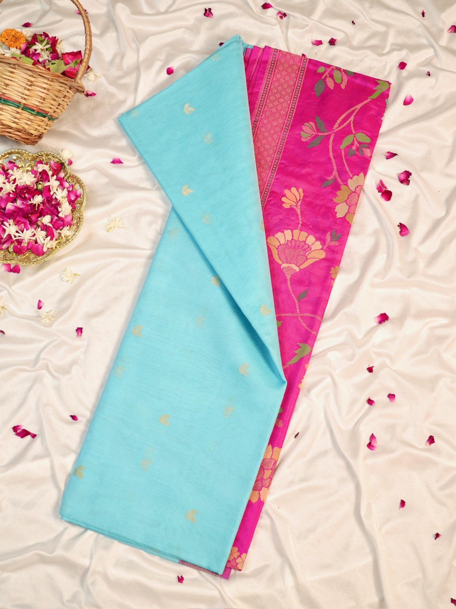Blue Handwoven Organza Silk Saree with Floral Zari Borders