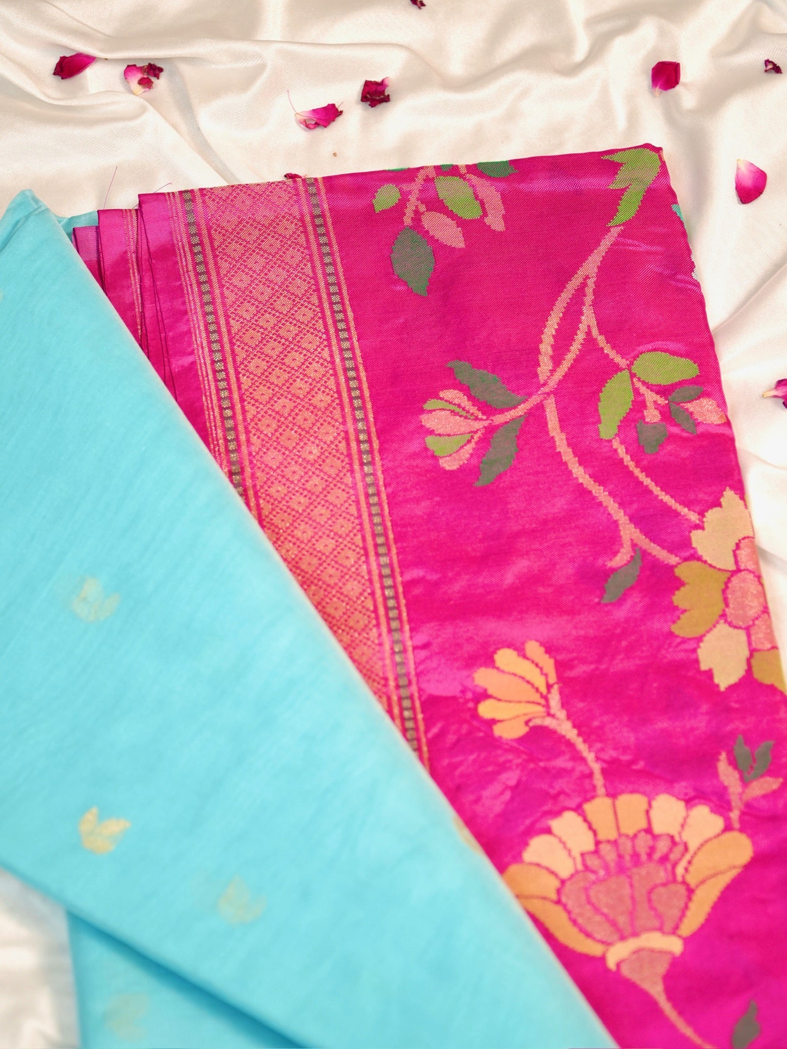 Blue Handwoven Organza Silk Saree with Floral Zari Borders