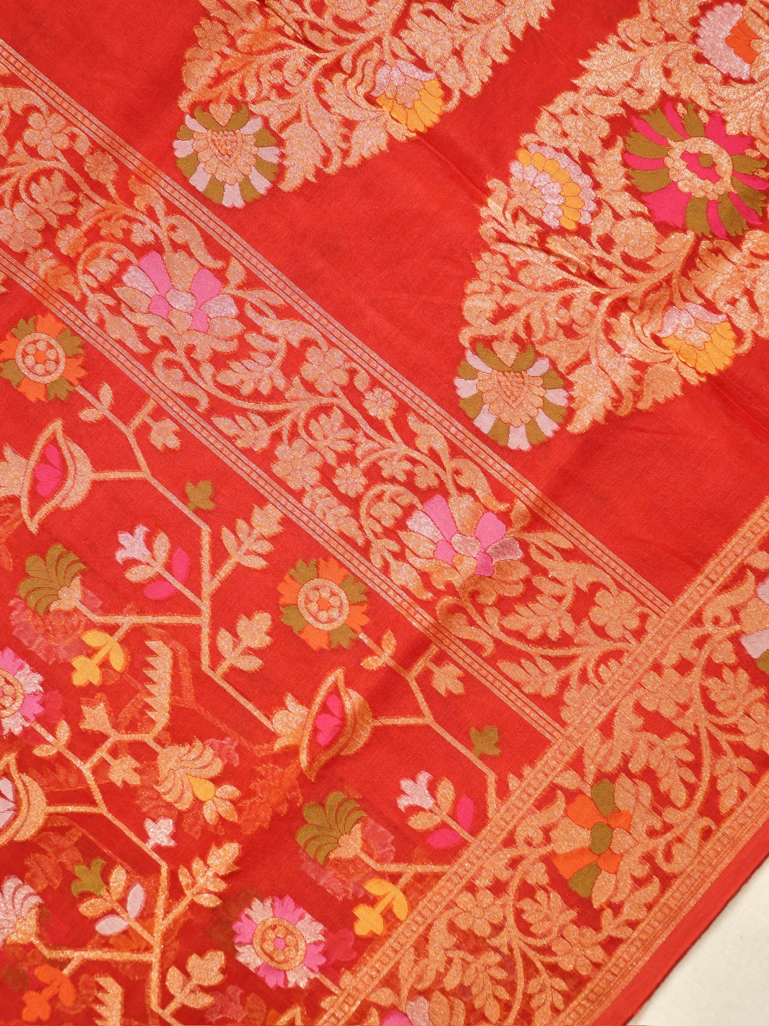 Rust Orange Elegant Kora Jamdani Silk Saree | Handwoven Floral Zari Work