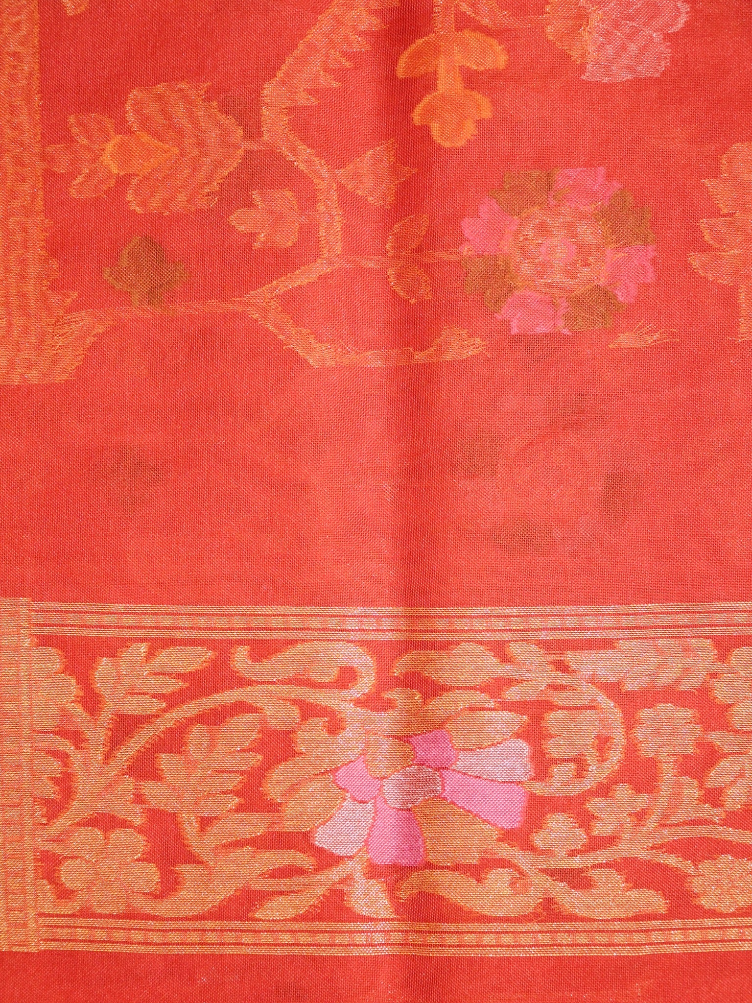 Rust Orange Elegant Kora Jamdani Silk Saree | Handwoven Floral Zari Work