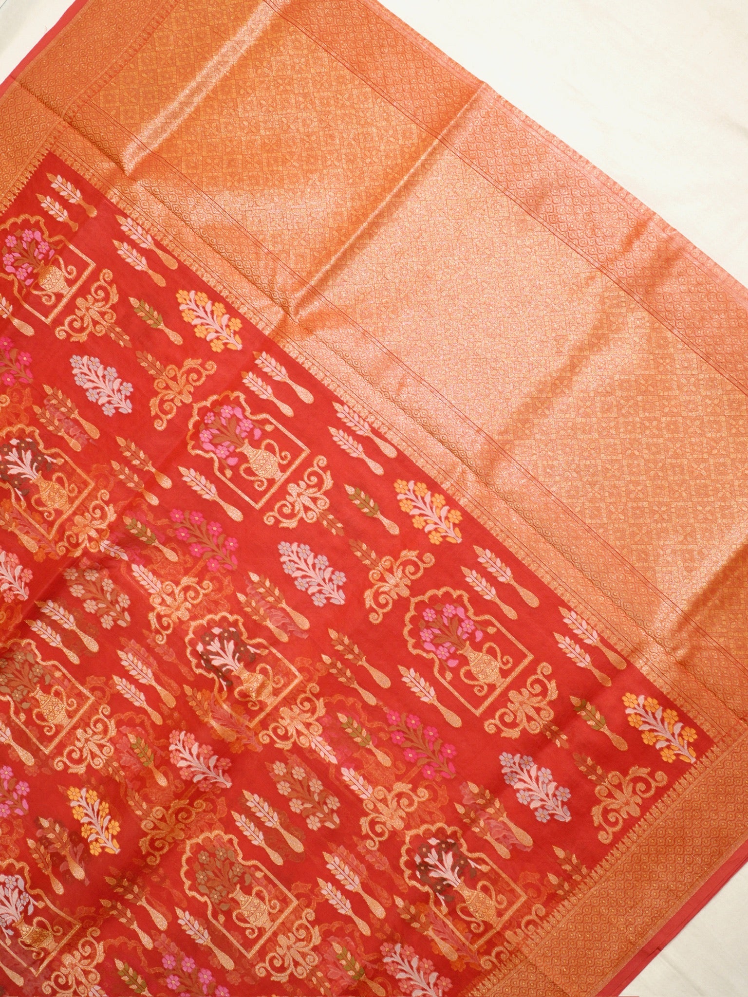 Rust Orange Elegant Kora Jamdani Silk Saree | Handwoven Floral Zari Work