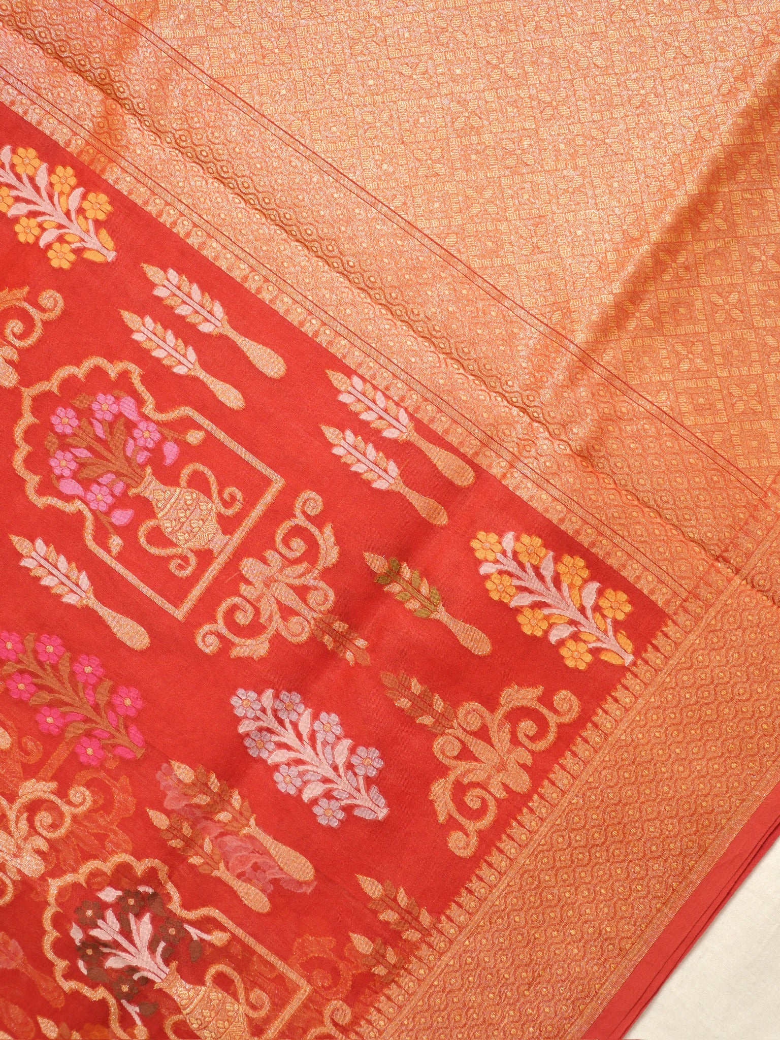 Rust Orange Elegant Kora Jamdani Silk Saree | Handwoven Floral Zari Work