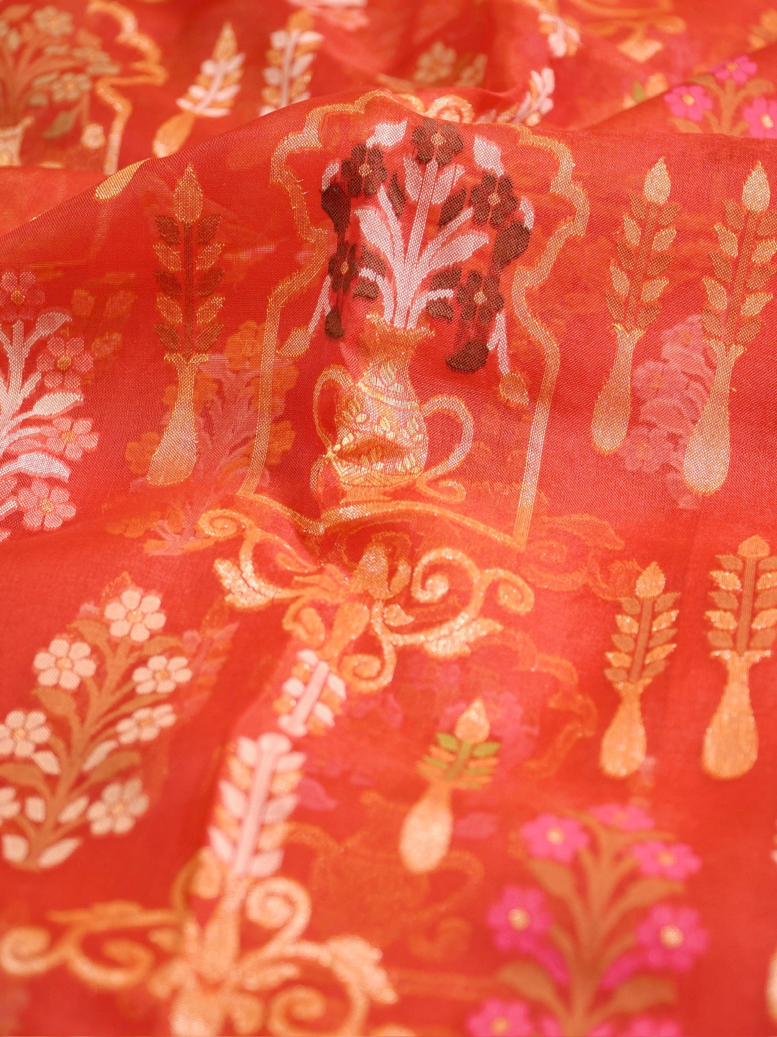 Rust Orange Elegant Kora Jamdani Silk Saree | Handwoven Floral Zari Work