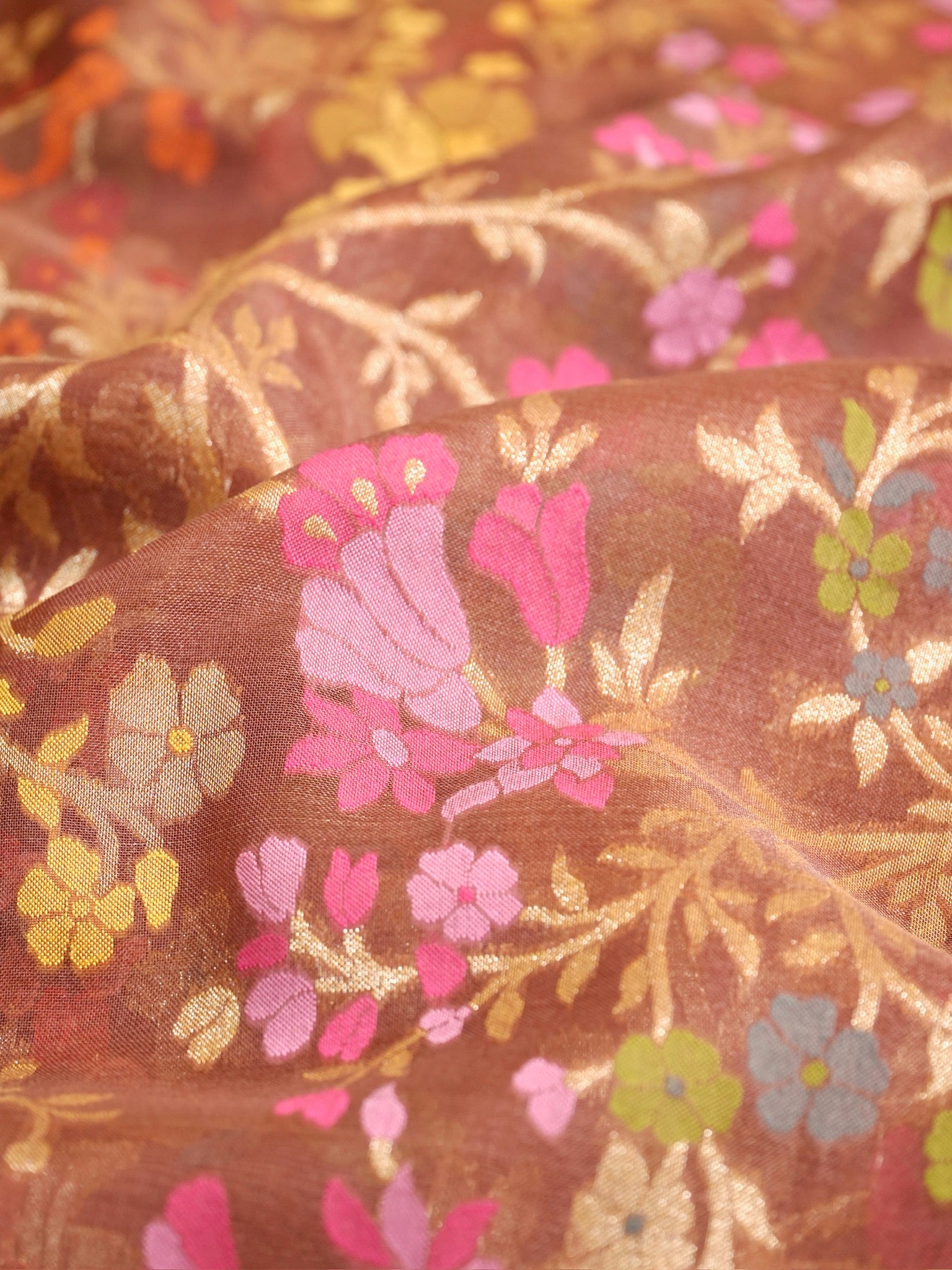 Brown Elegant Kora Jamdani Silk Saree | Handwoven Floral Zari Work