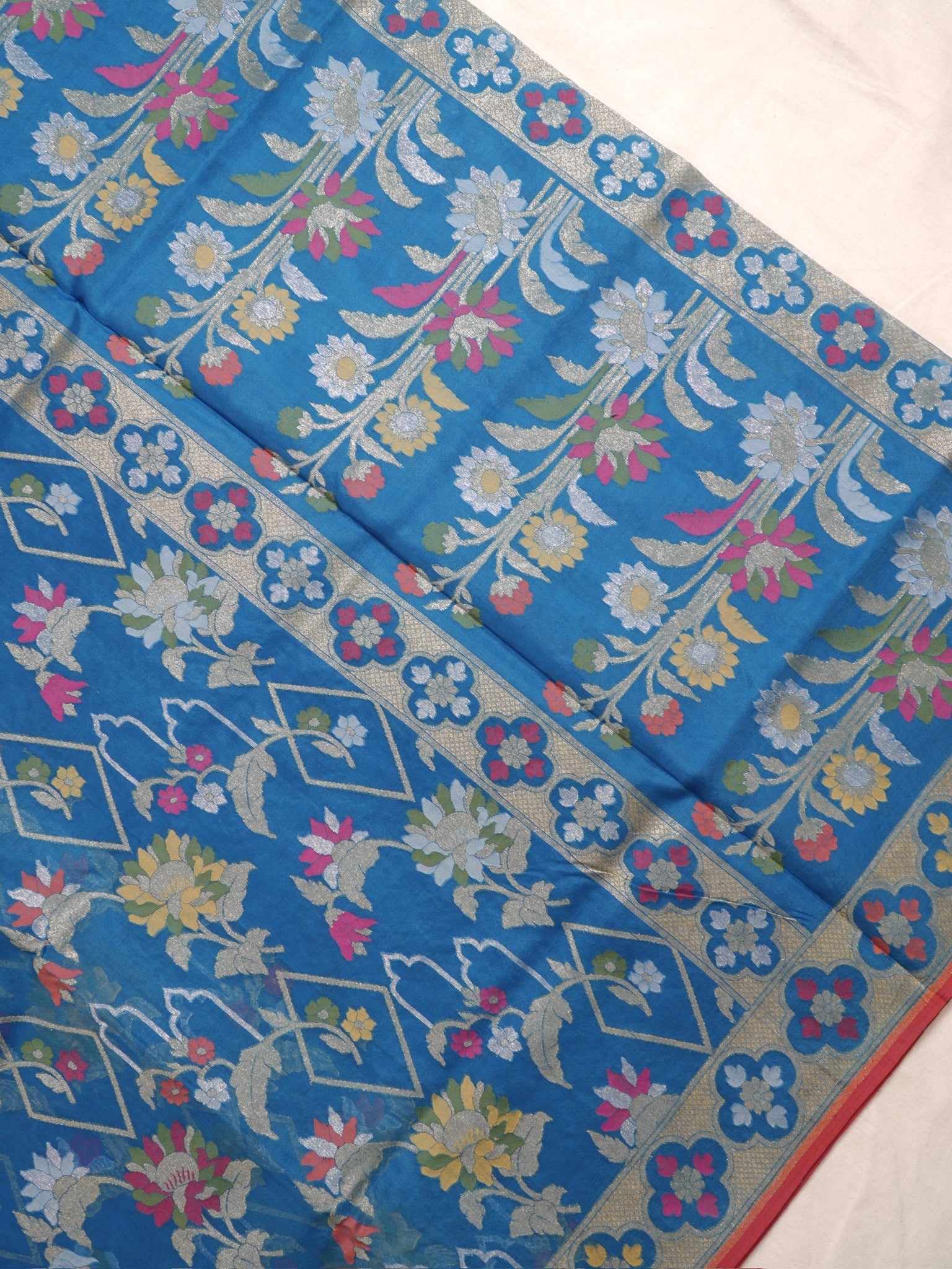 Teal Blue Elegant Kora Jamdani Silk Saree | Handwoven Floral Zari Work