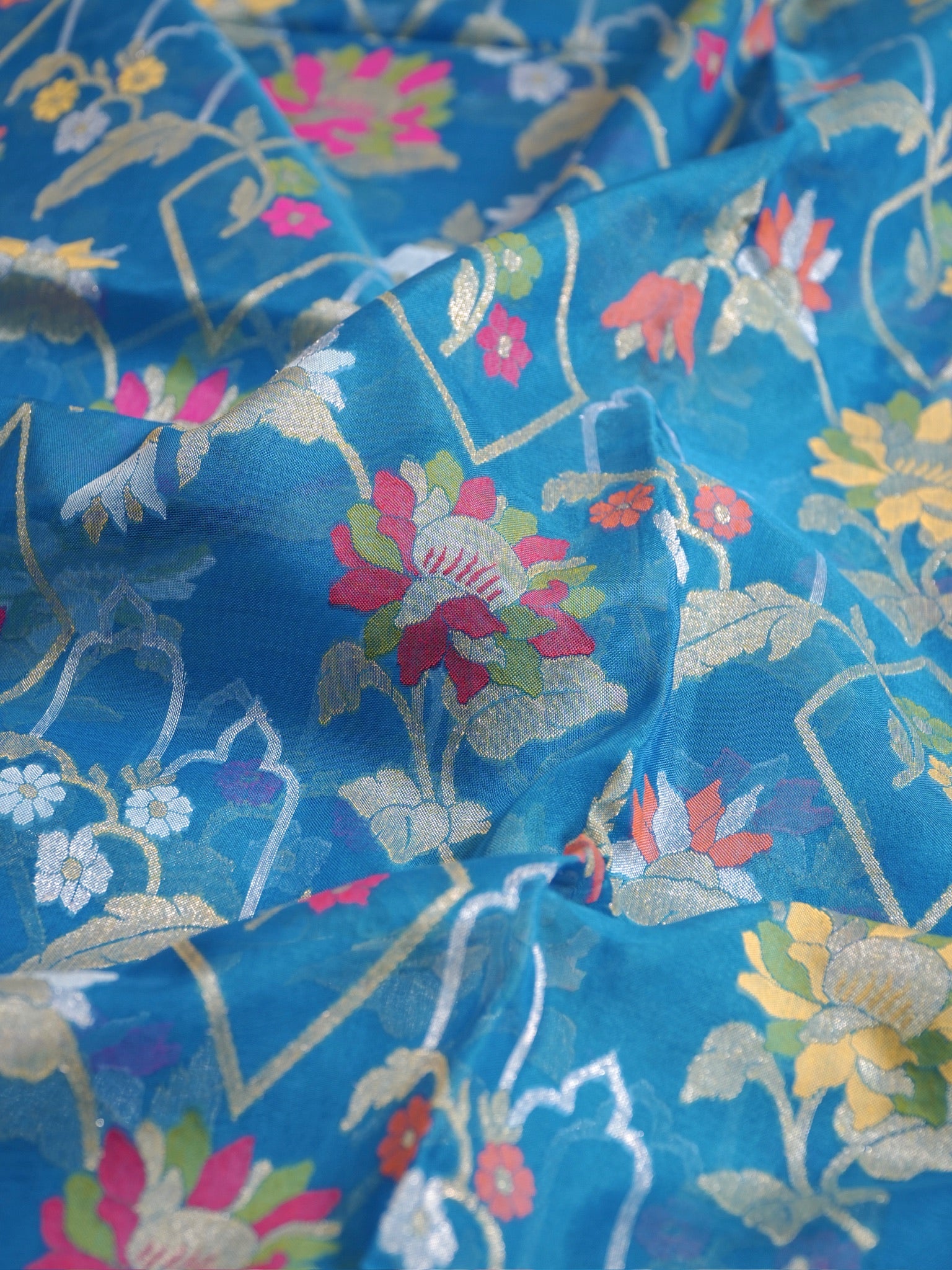 Teal Blue Elegant Kora Jamdani Silk Saree | Handwoven Floral Zari Work