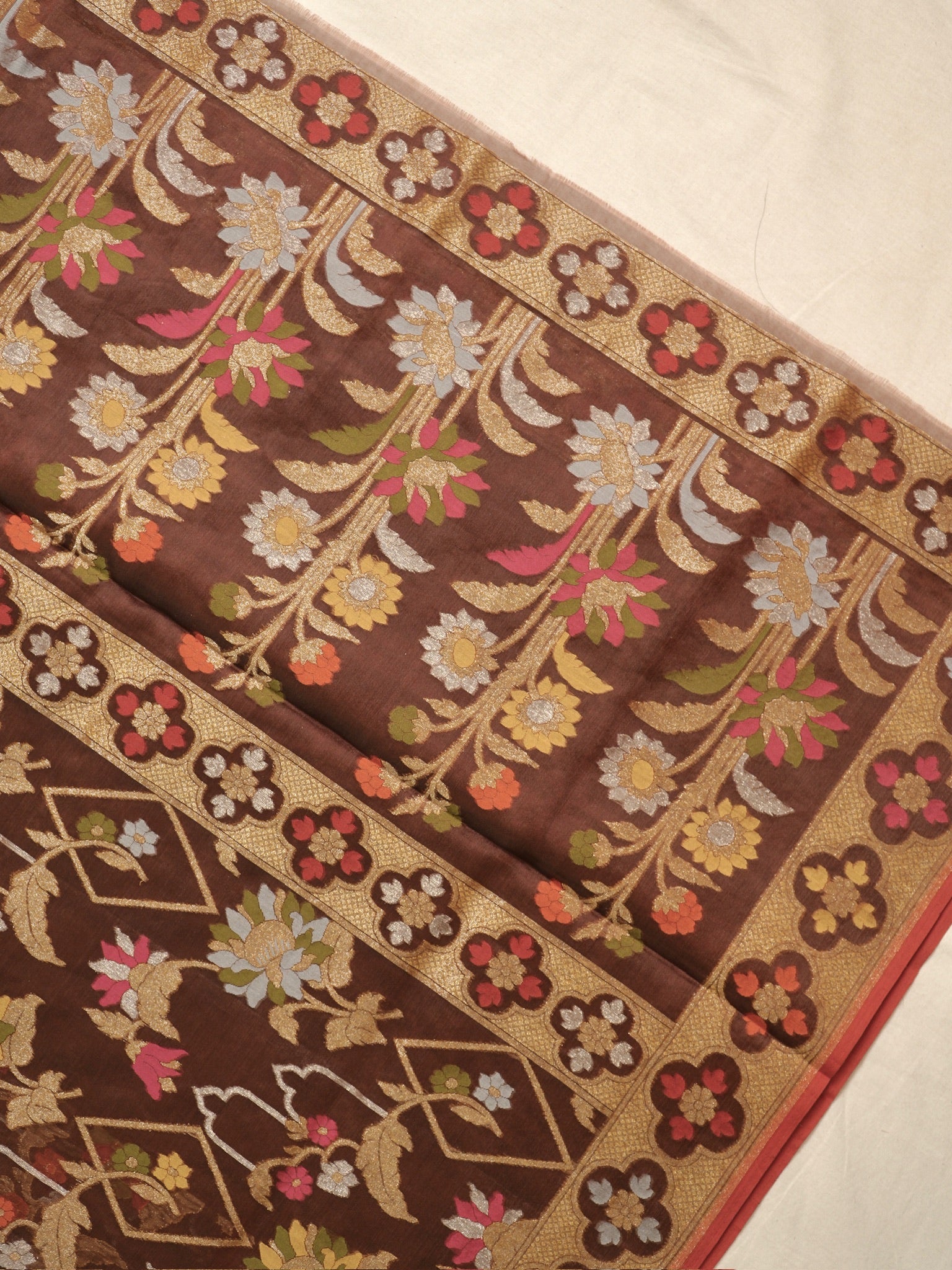 Brown Elegant Kora Jamdani Silk Saree | Handwoven Floral Zari Work