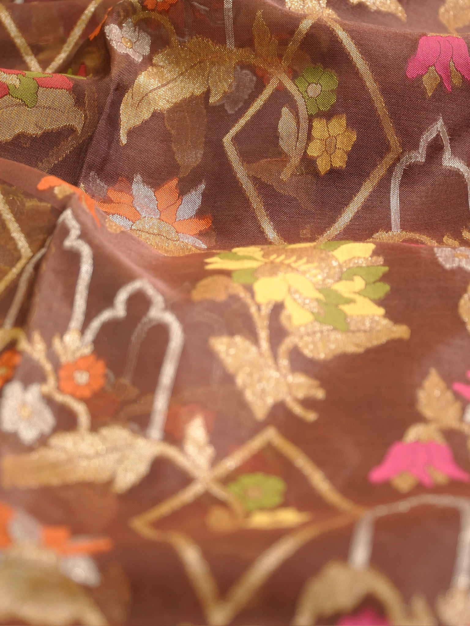 Brown Elegant Kora Jamdani Silk Saree | Handwoven Floral Zari Work