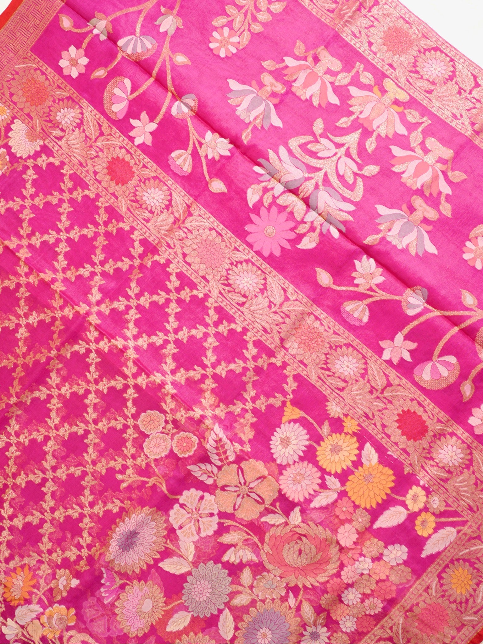Pink Elegant Kora Jamdani Silk Saree | Handwoven Floral Zari Work