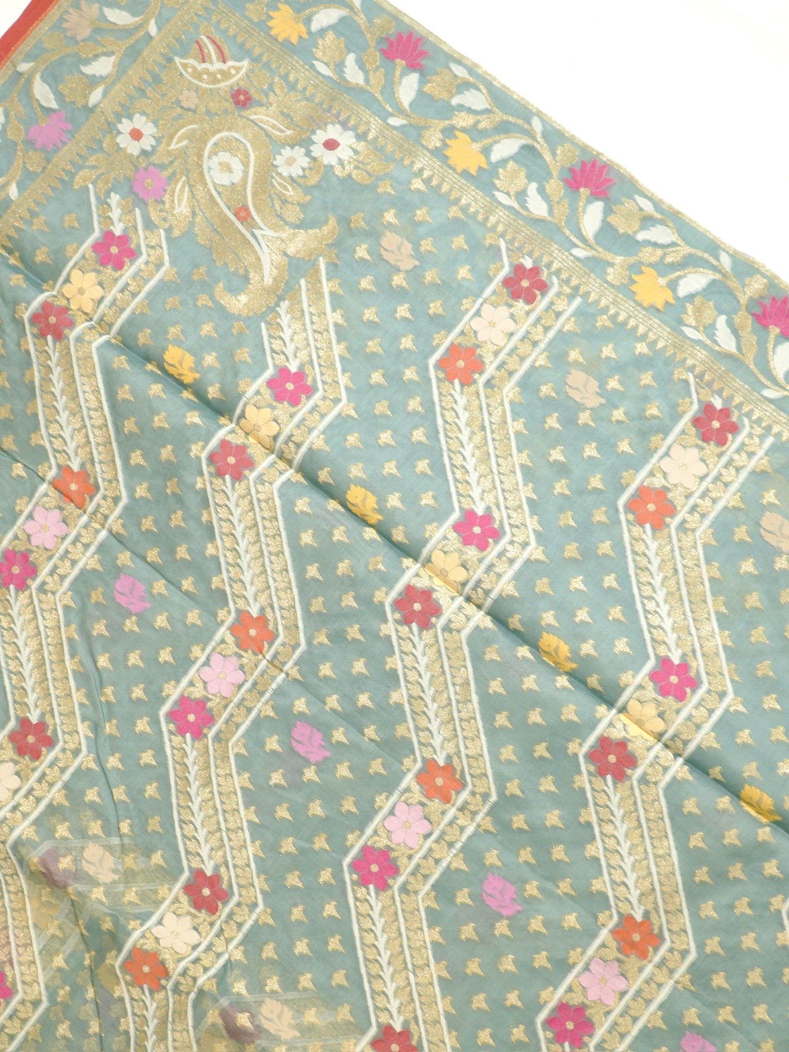 Sage Blue Elegant Kora Jamdani Silk Saree | Handwoven Floral Zari Work