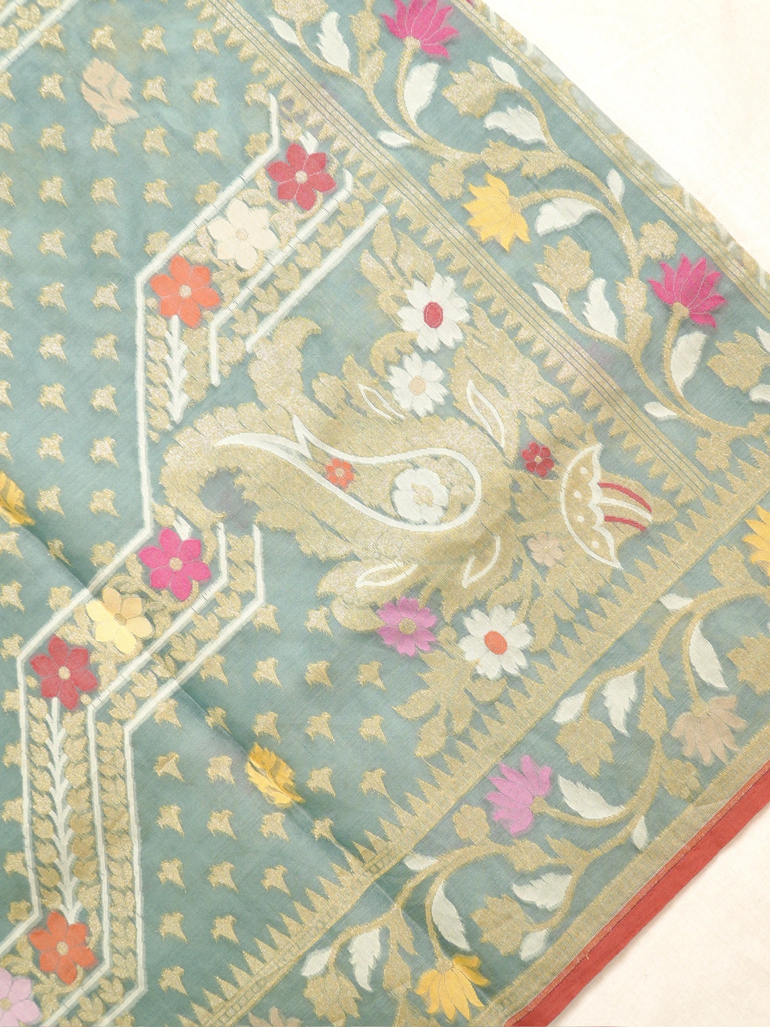 Sage Blue Elegant Kora Jamdani Silk Saree | Handwoven Floral Zari Work