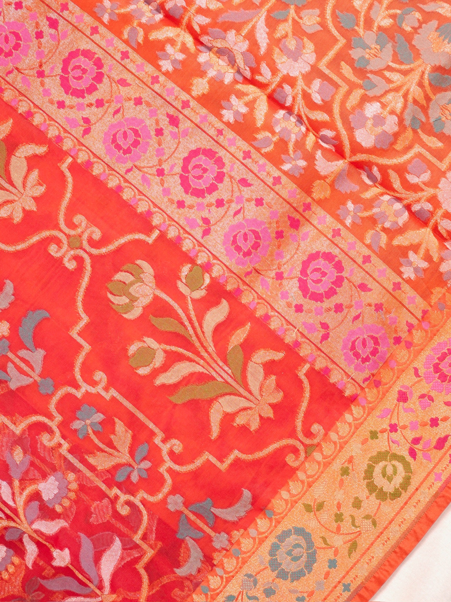 Rust Red Elegant Kora Jamdani Silk Saree | Handwoven Floral Zari Work