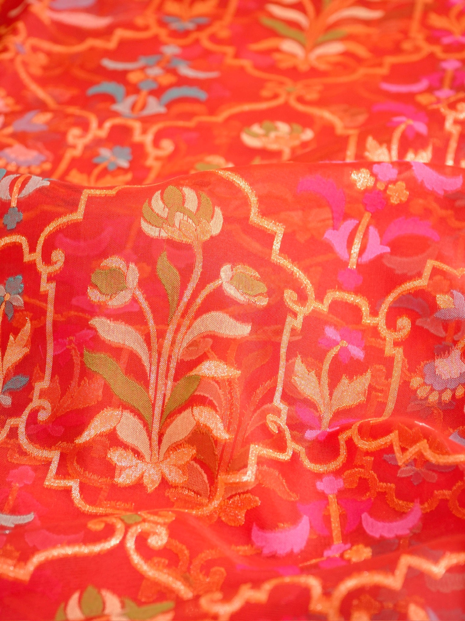 Rust Red Elegant Kora Jamdani Silk Saree | Handwoven Floral Zari Work
