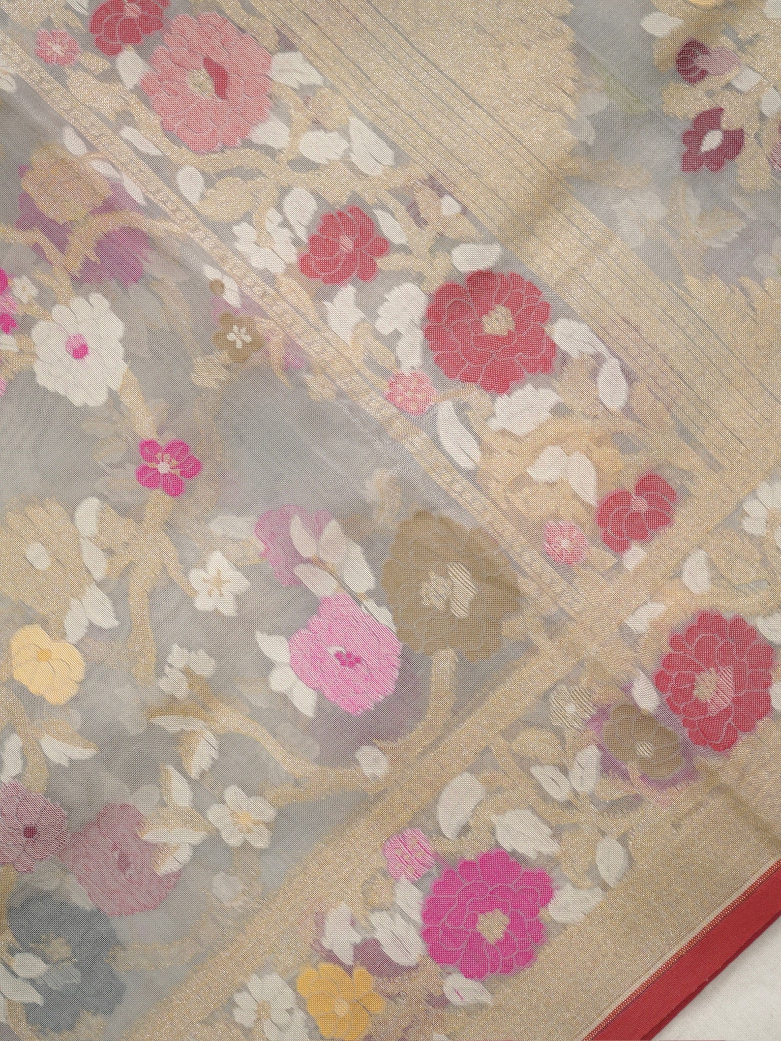 Light Grey Elegant Kora Jamdani Silk Saree | Handwoven Floral Zari Work