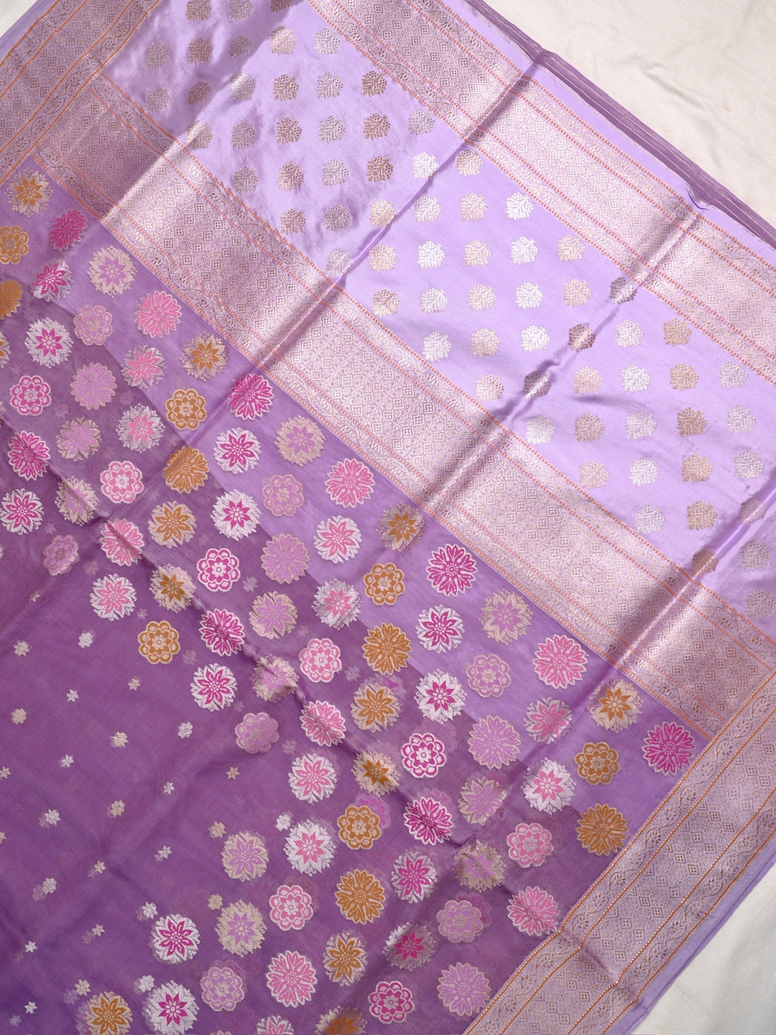 Lavender Handwoven Organza Silk Saree with Floral Zari Borders