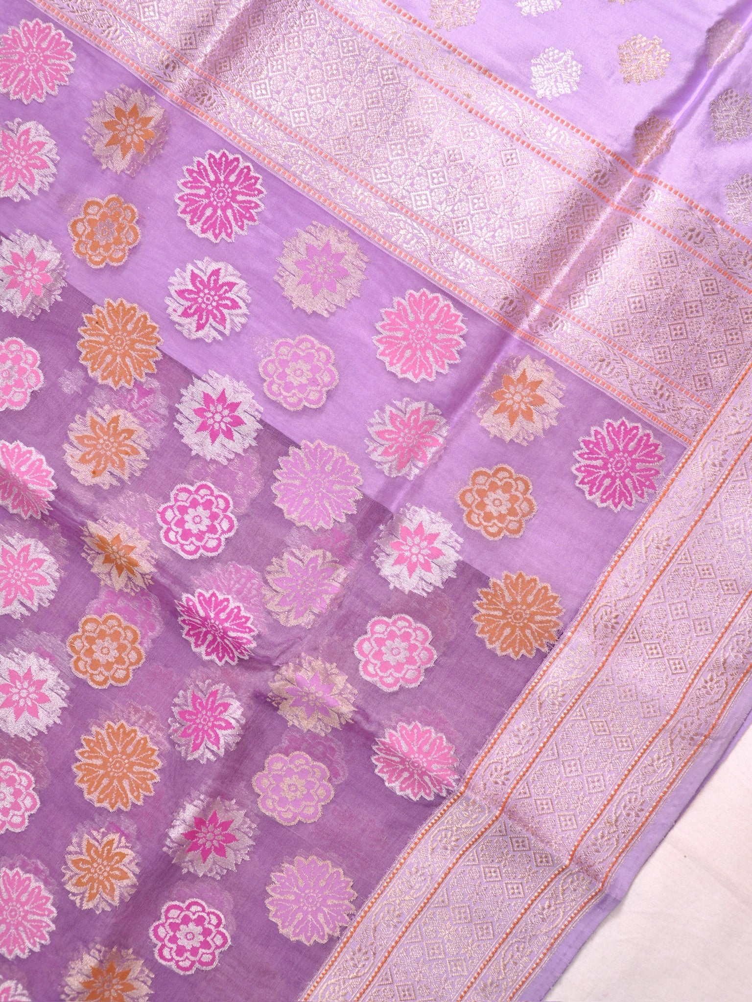 Lavender Handwoven Organza Silk Saree with Floral Zari Borders