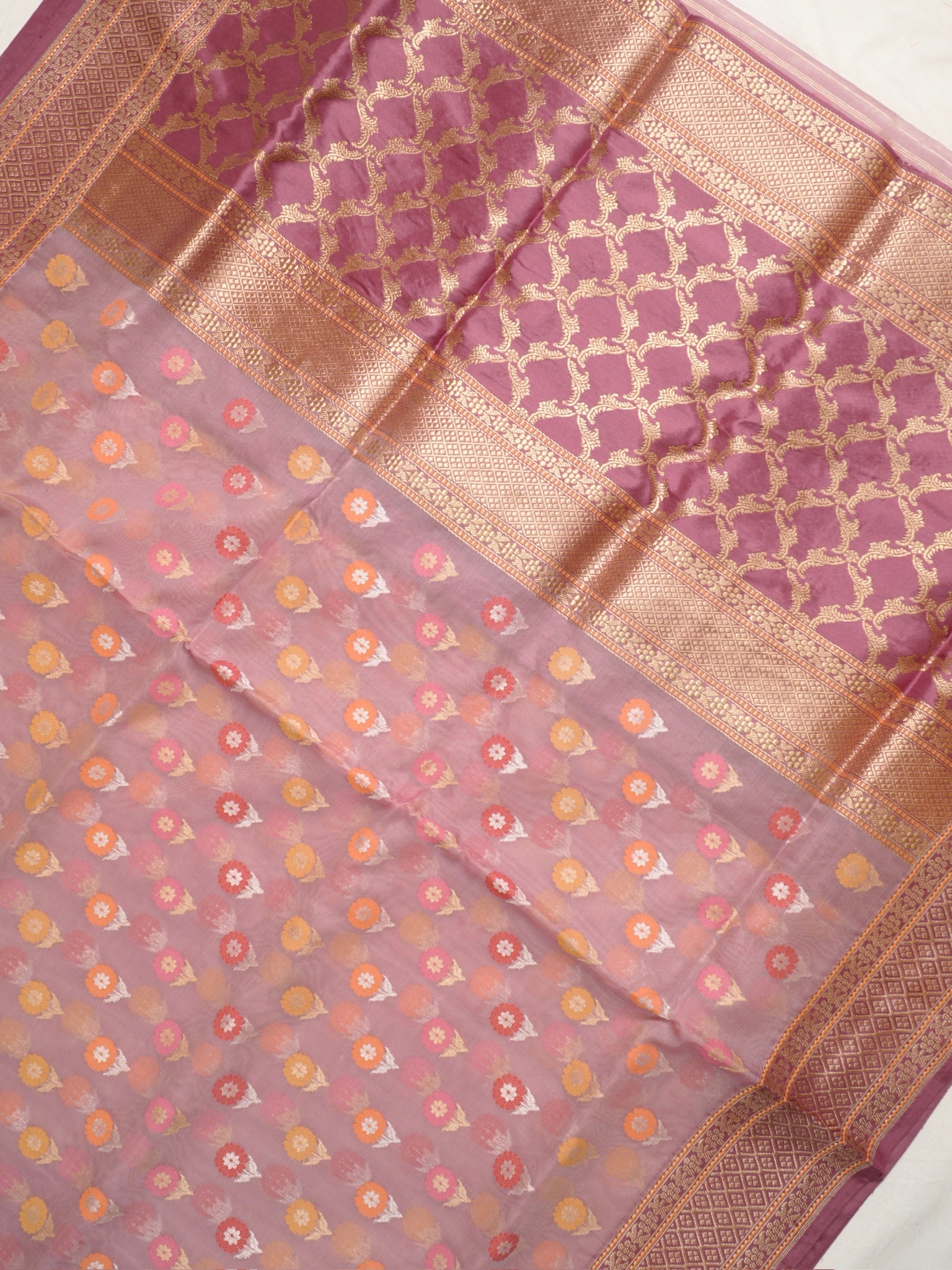 Dusty Rose Handwoven Organza Silk Saree with Floral Zari Borders