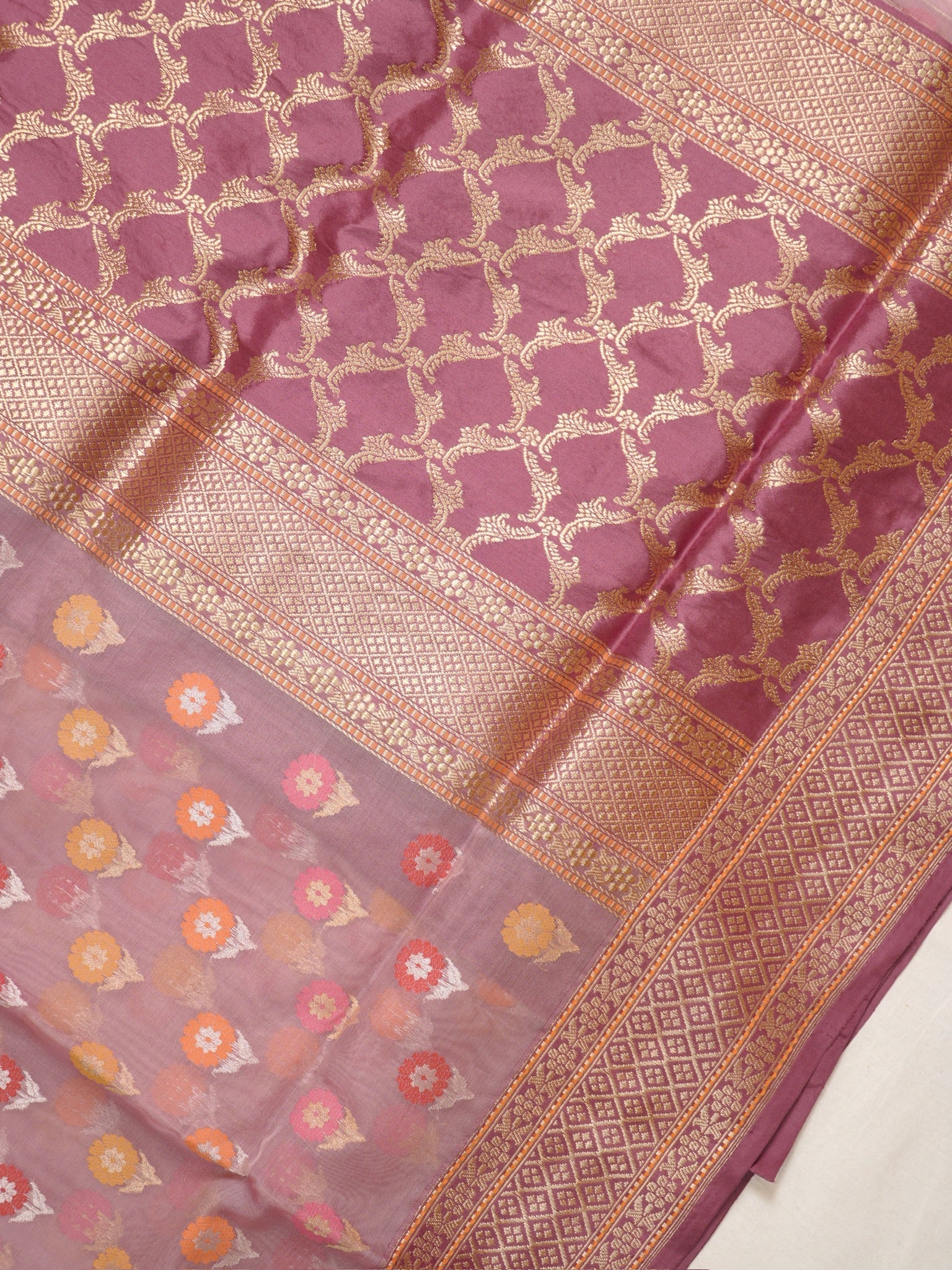 Dusty Rose Handwoven Organza Silk Saree with Floral Zari Borders