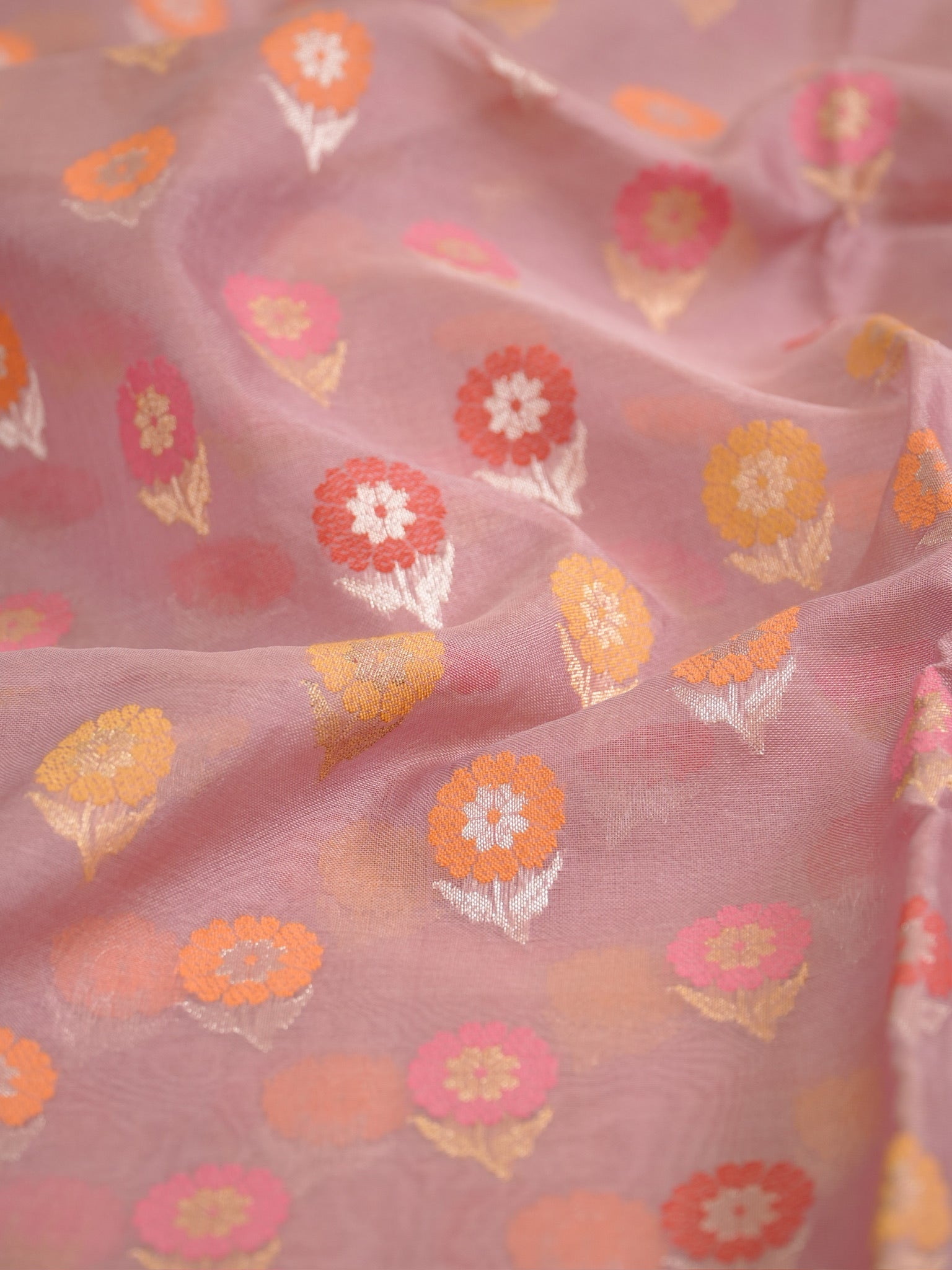 Dusty Rose Handwoven Organza Silk Saree with Floral Zari Borders