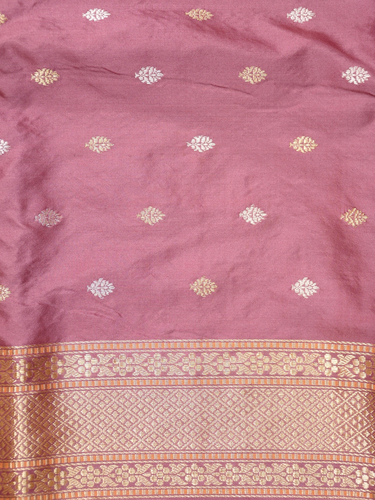 Dusty Rose Handwoven Organza Silk Saree with Floral Zari Borders
