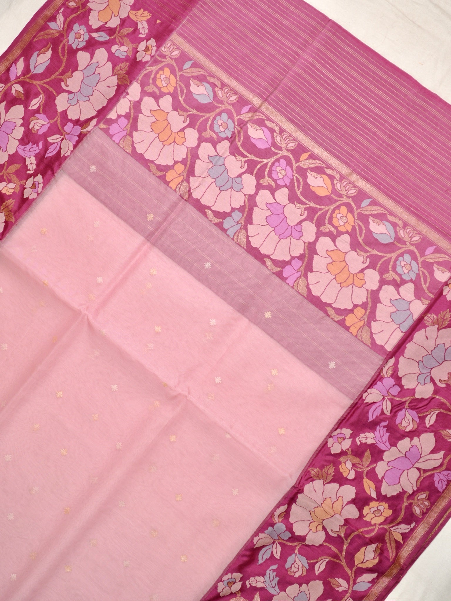 Blush Pink Handwoven Organza Silk Saree with Floral Zari Borders