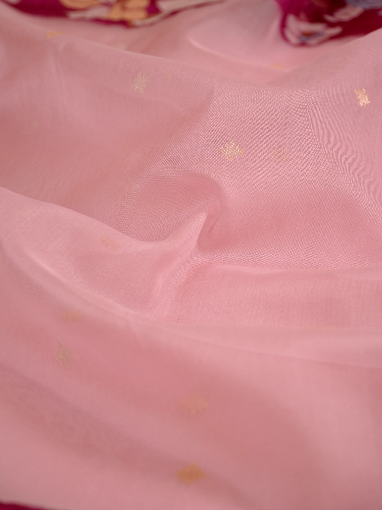 Blush Pink Handwoven Organza Silk Saree with Floral Zari Borders