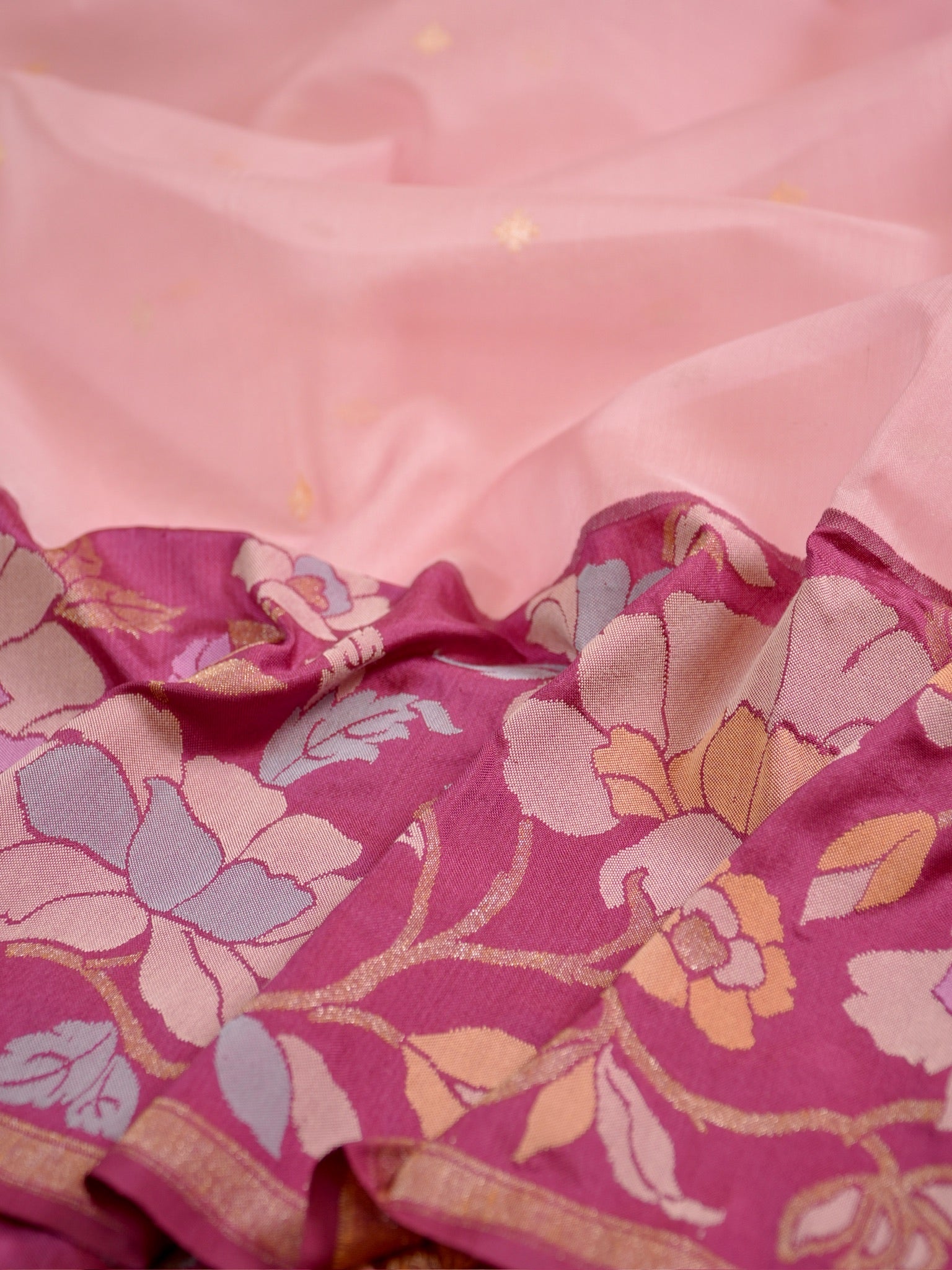 Blush Pink Handwoven Organza Silk Saree with Floral Zari Borders