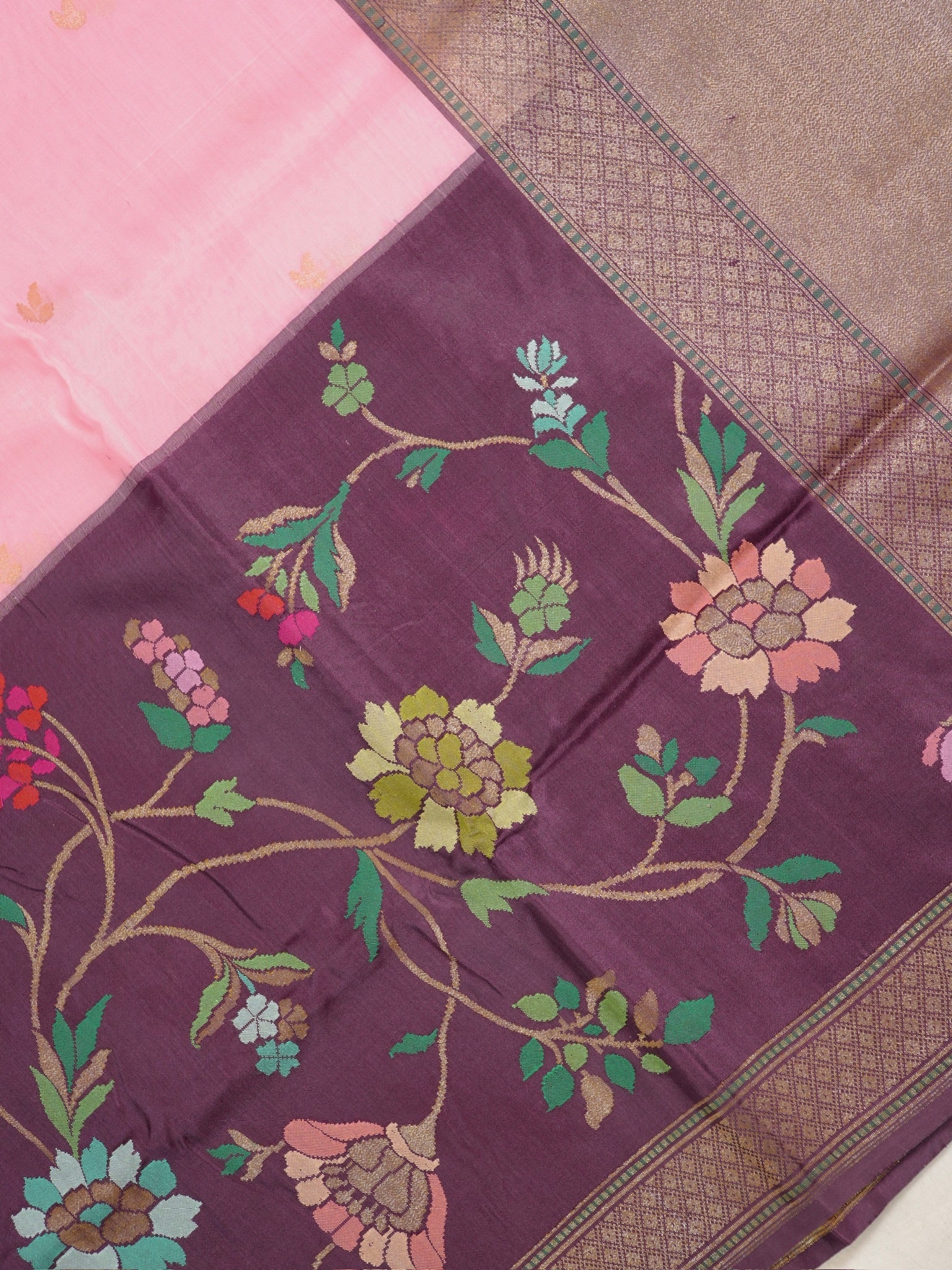 Baby Pink Handwoven Organza Silk Saree with Floral Zari Borders