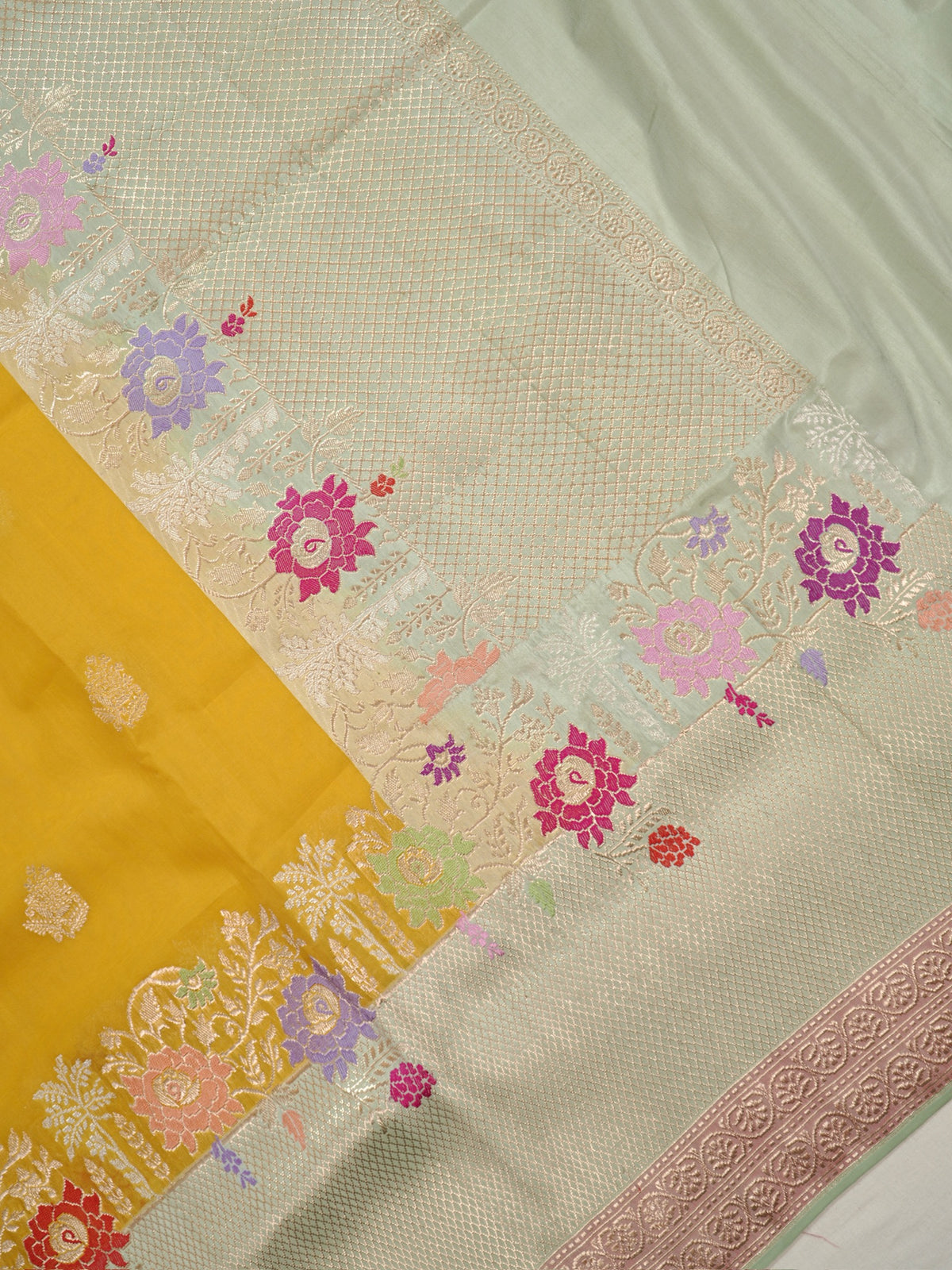 Musterd Yellow Pure kora Silk Kadiyal Border Banarasi handwoven Saree