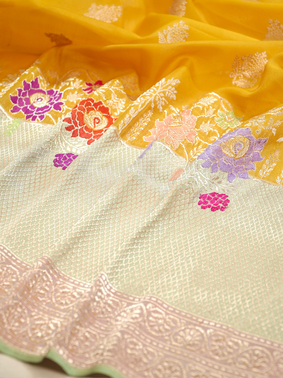Musterd Yellow Pure kora Silk Kadiyal Border Banarasi handwoven Saree