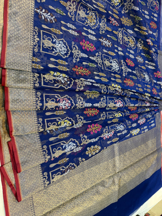 Blue Ektra kora silk Jamdani katwork Zari Border Anchal Mina Work Saree