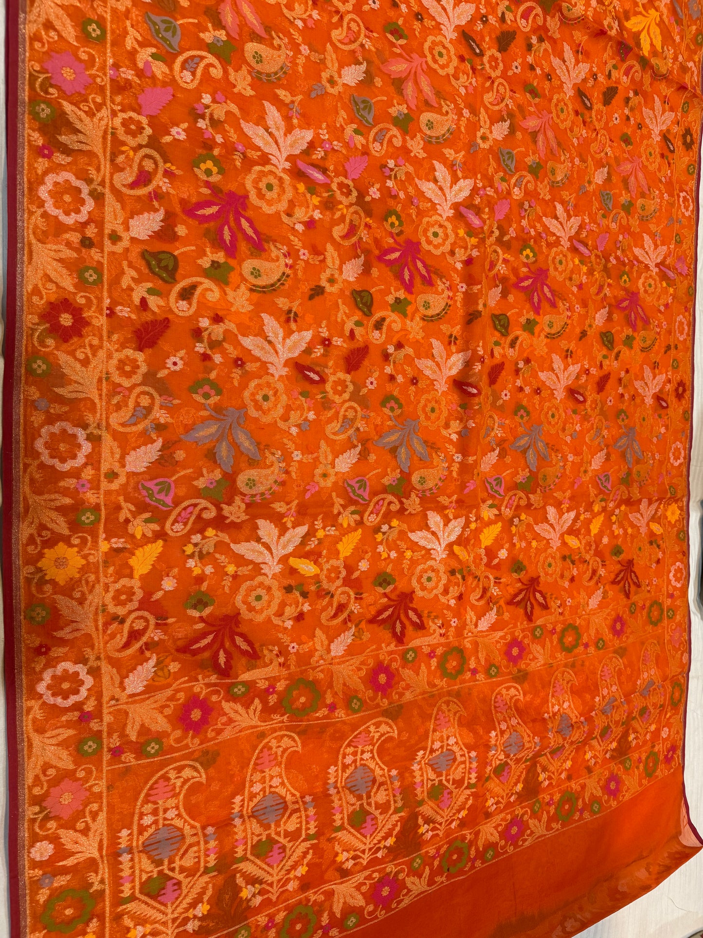 Orange Ektra kora silk Jamdani katwork Zari Border Anchal Mina Work Saree