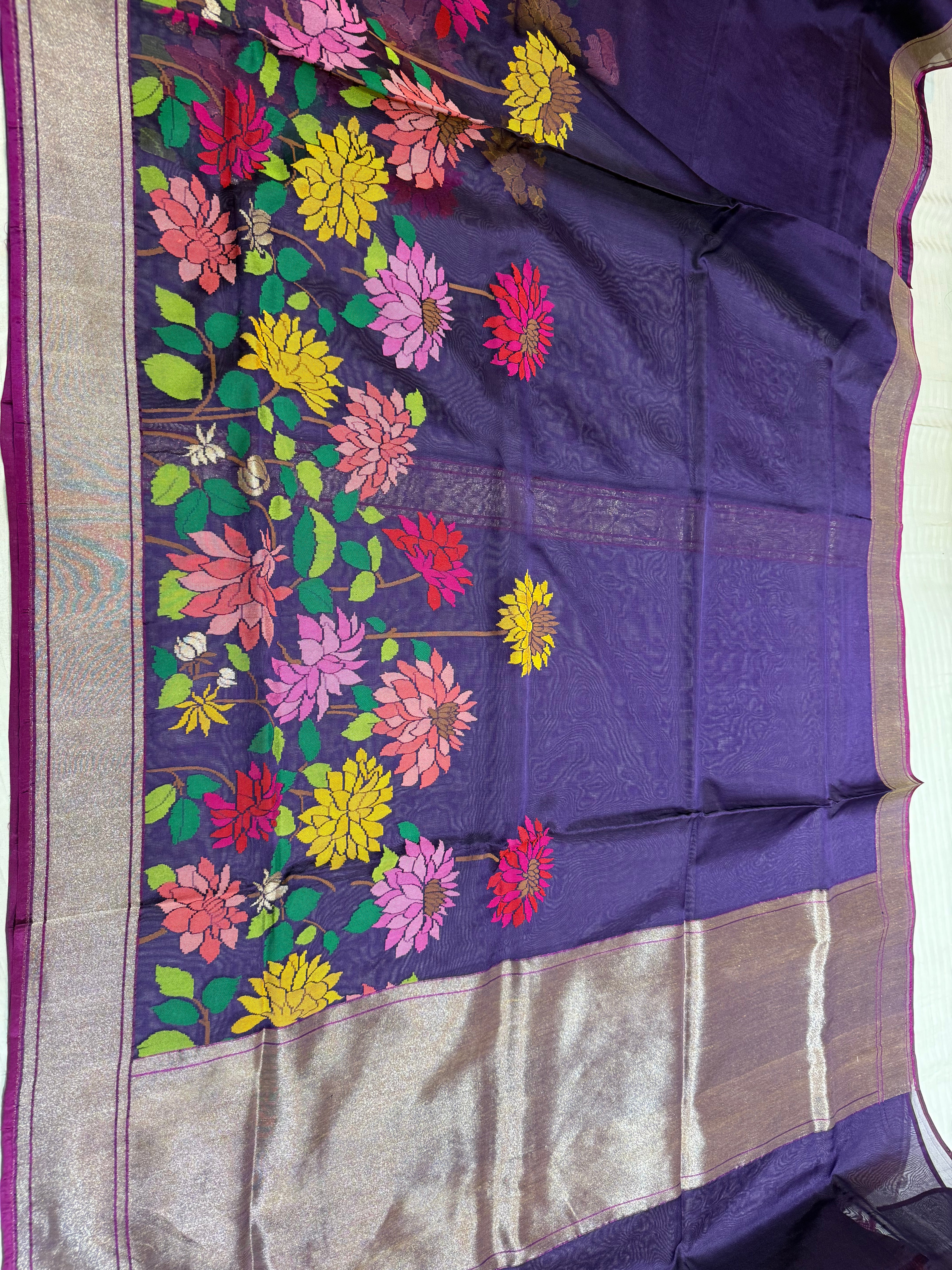 Purple Blue Silk Jamdani Mina Handwoven Saree