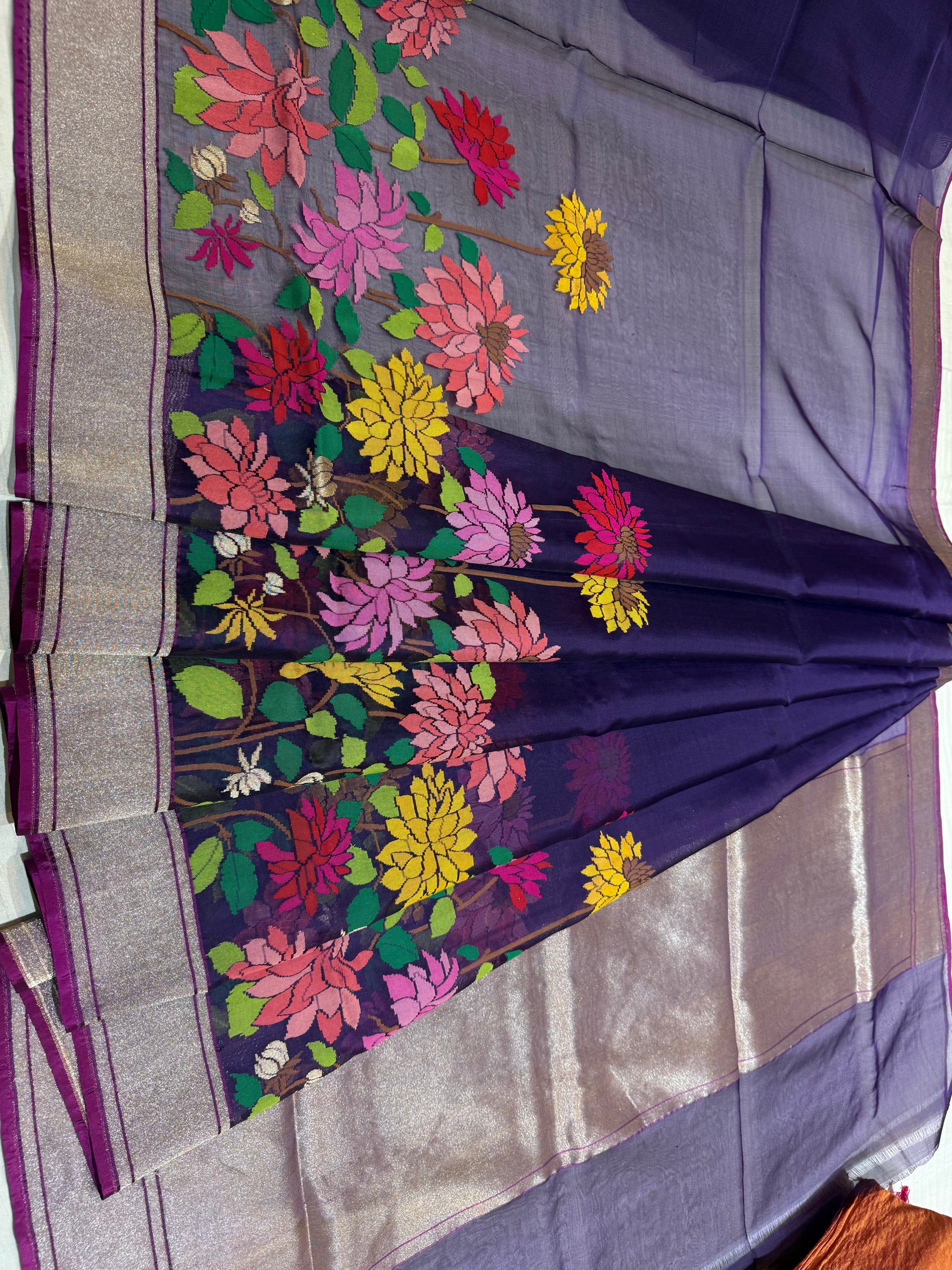 Purple Blue Silk Jamdani Mina Handwoven Saree