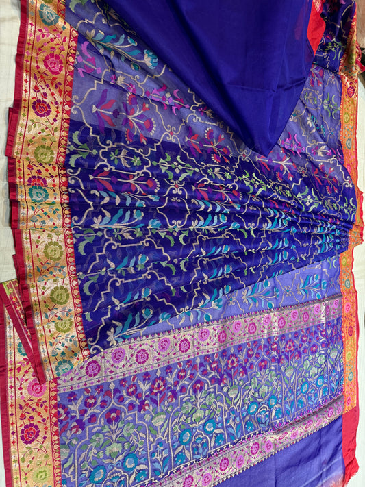 Rpyal Blue Ektra kora silk Jamdani katwork Zari Border Anchal Mina Work Saree