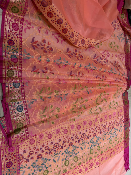 Pich Ektra kora silk Jamdani katwork Zari Border Anchal Mina Work Saree
