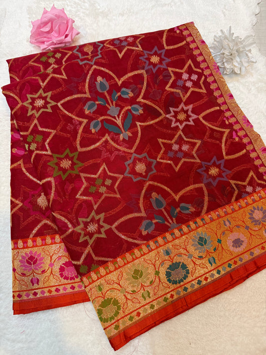 Red Jamdani Kutwork Zari Border Anchal Mina Work Saree