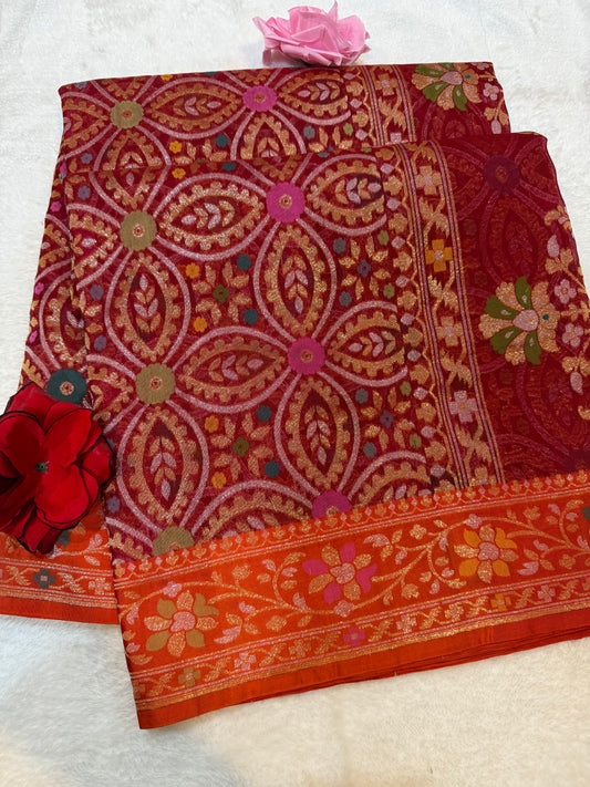 Red Ektra kora silk Jamdani katwork Zari Border Anchal Mina Work Saree