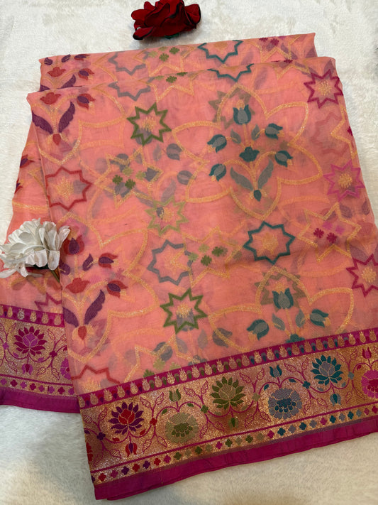 Pich Ektra kora silk Jamdani katwork Zari Border Anchal Mina Work Saree