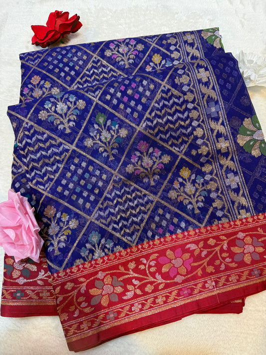 Rpyal Blue Ektra kora silk Jamdani katwork Zari Border Anchal Mina Work Saree